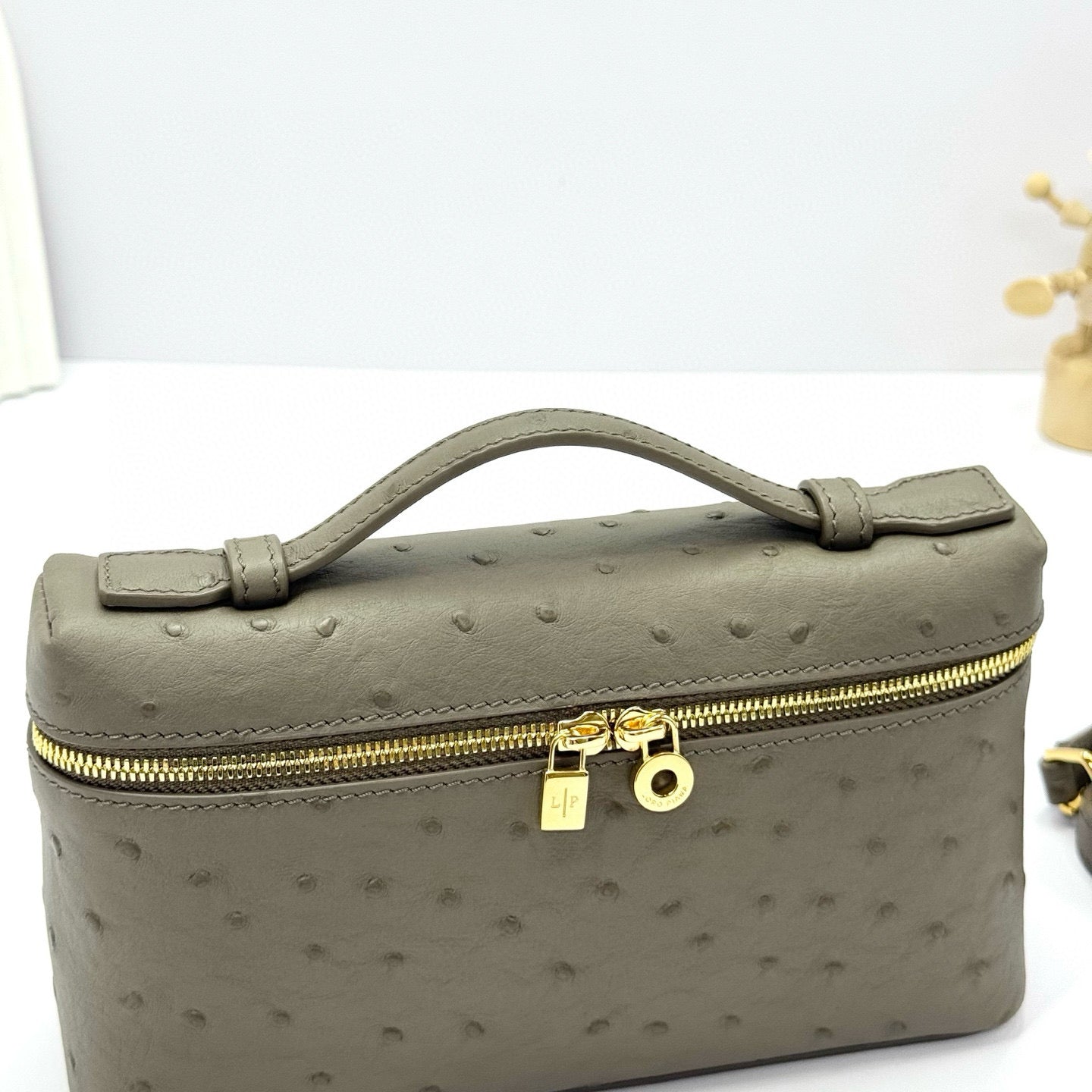 LP Extra Bag Ostrich Pattern Gray Brown Gold Buckle Calfskin
