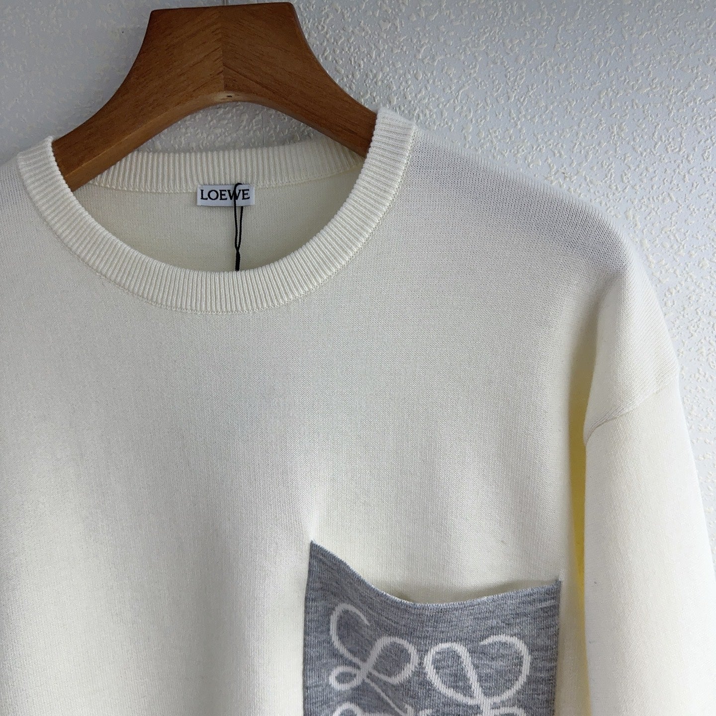 Loewe 2025 Round Neck Embroidered Large Logo Sweater White Gray Wool 321548