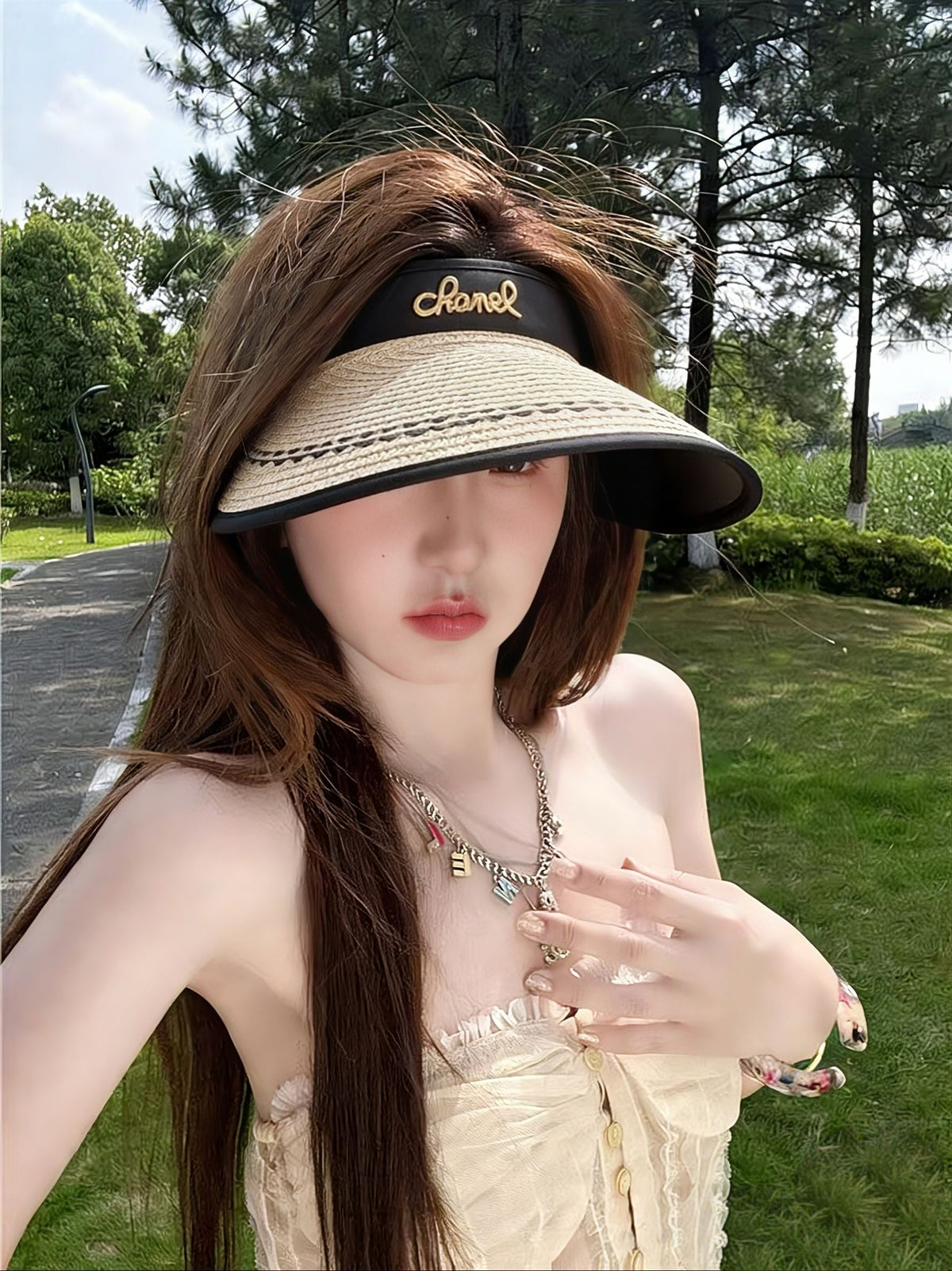 Chanel Sun Hat with Visor Straw Fabric 237221