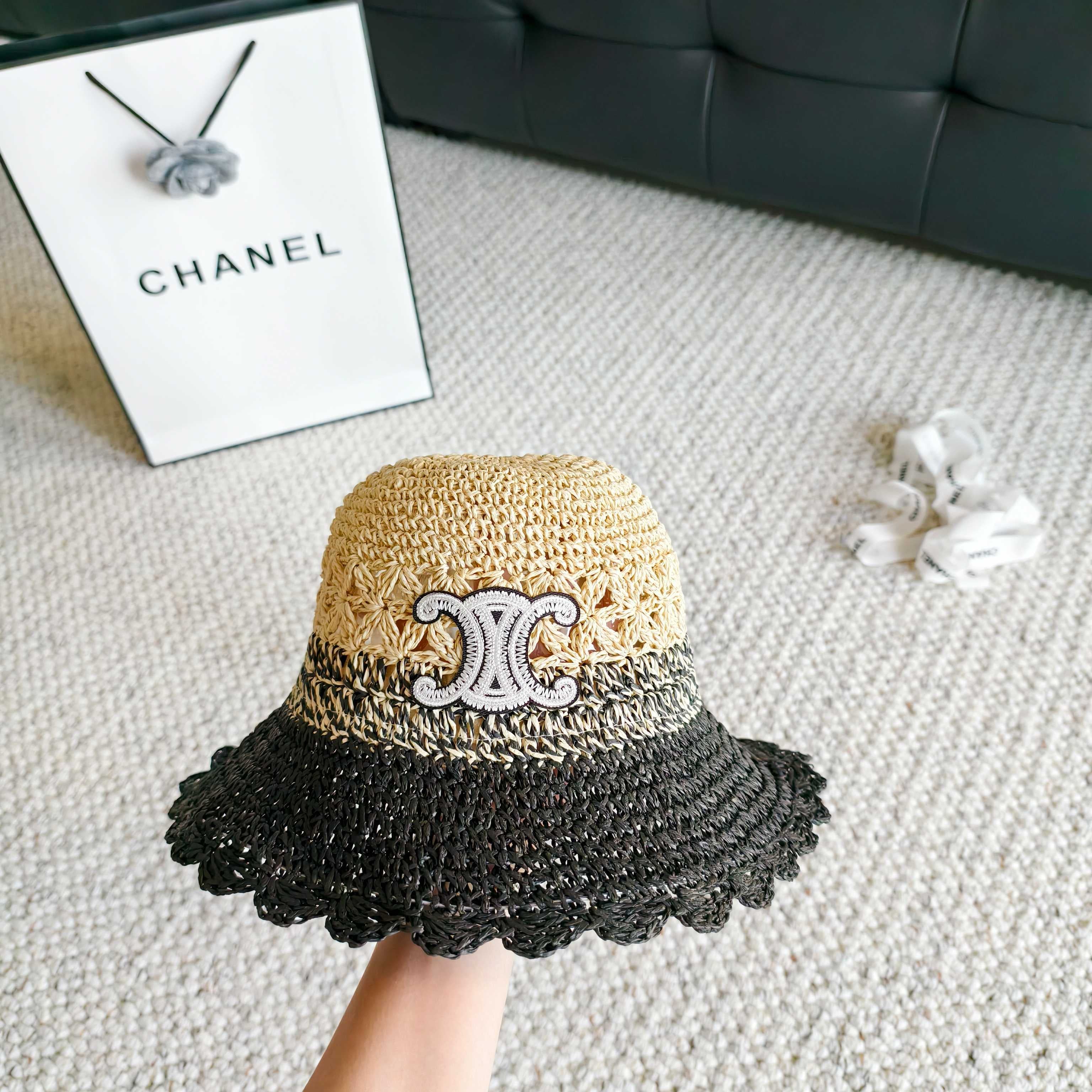 Celine Hollow-out Woven Arc de Triomphe Straw Bucket Hat 322140