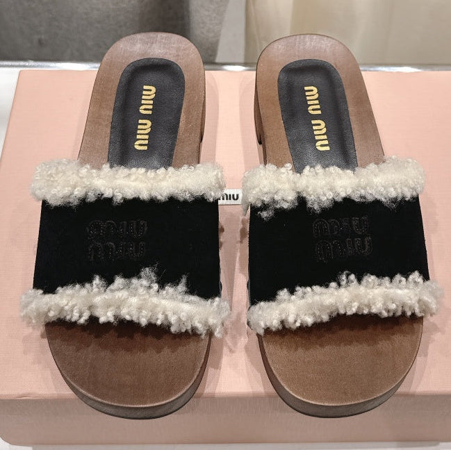 Miu Miu 2026 Faux Fur Trim Sandals Suede 151086
