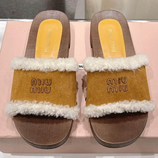 Miu Miu 2026 Faux Fur Trim Sandals Suede 151086