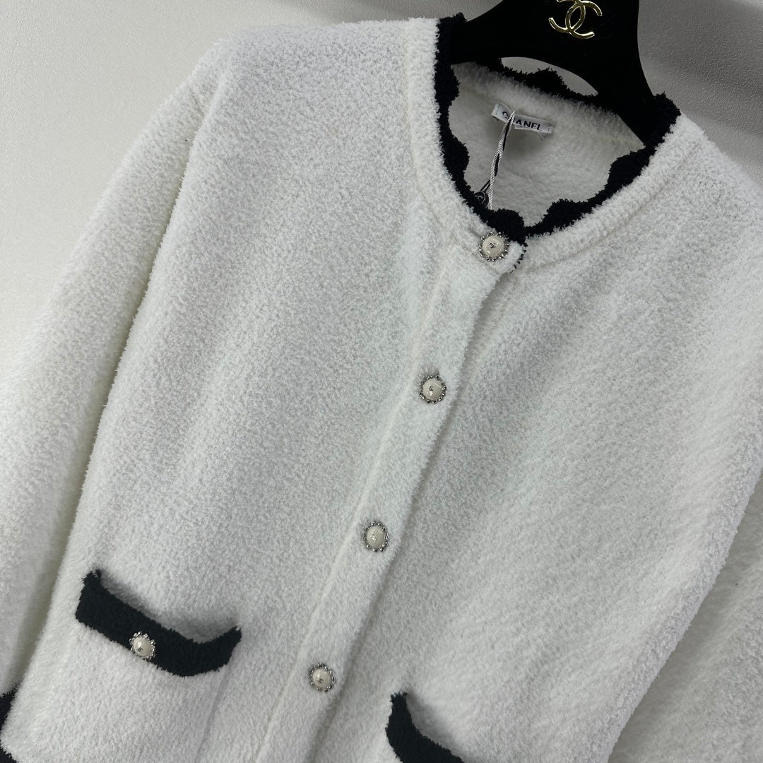Chanel 2025 Round Neck Lace Cardigan Black White Wool 325690