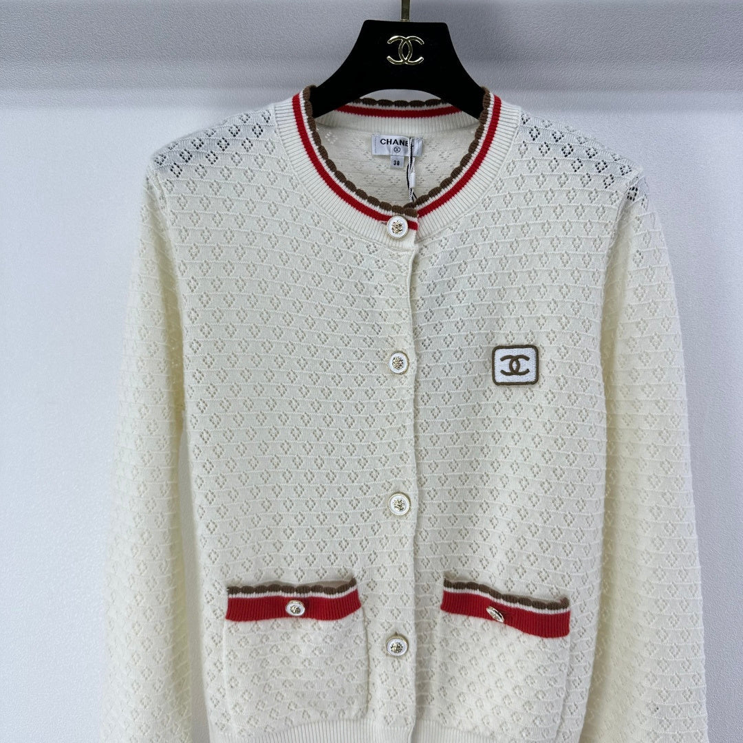 Chanel 2025 Long-sleeved Cardigan Cream and Black Cotton Cashmere 325737