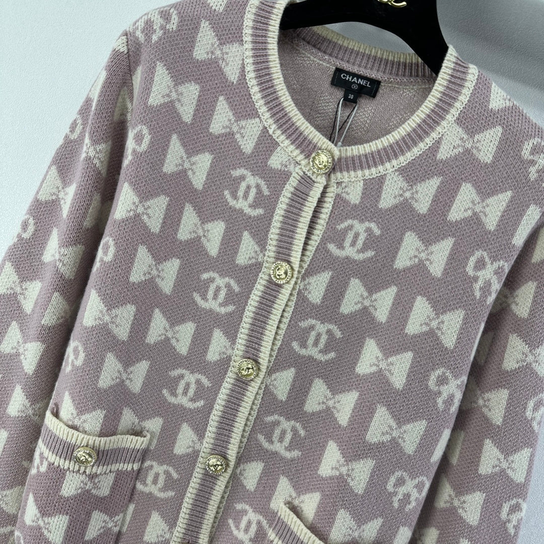 Chanel 2025 Bow And Double C Logo Cardigan Cashmere 329237