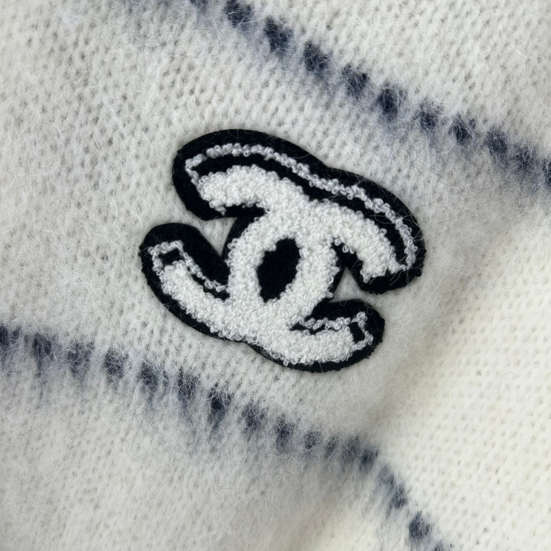Chanel 2025 Fuzzy Striped Sweater Blue and White Wool 329253