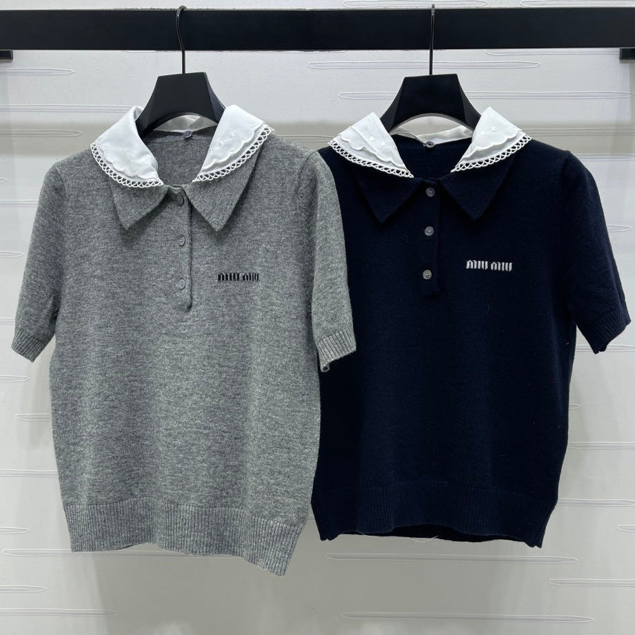 Miumiu 2026 Pan Collar Knit Short-Sleeve T-Shirt Gray and Navy Blue Wool