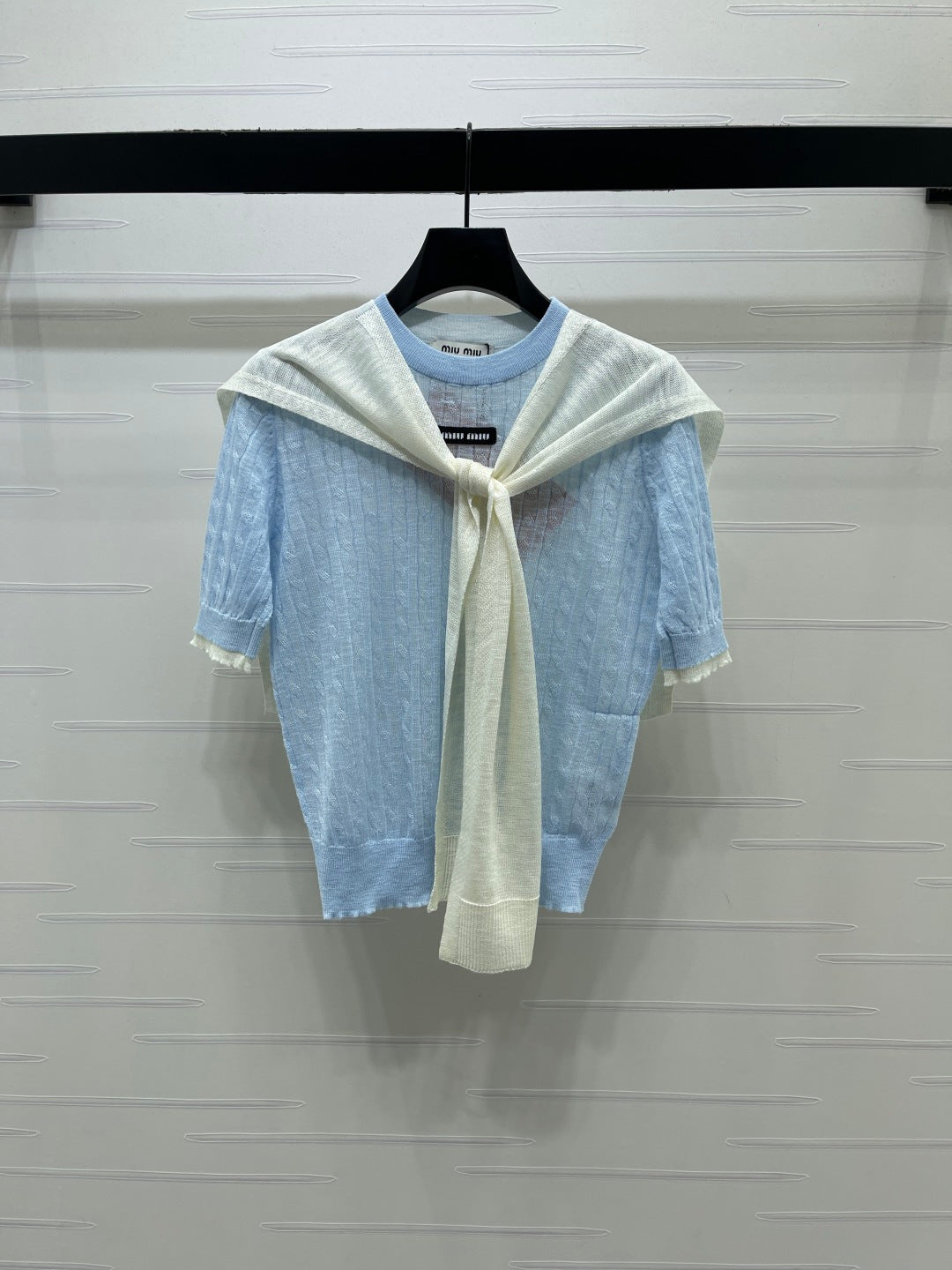 Miumiu 2026 Shawl Striped Knit Short Sleeve Tencel 397433