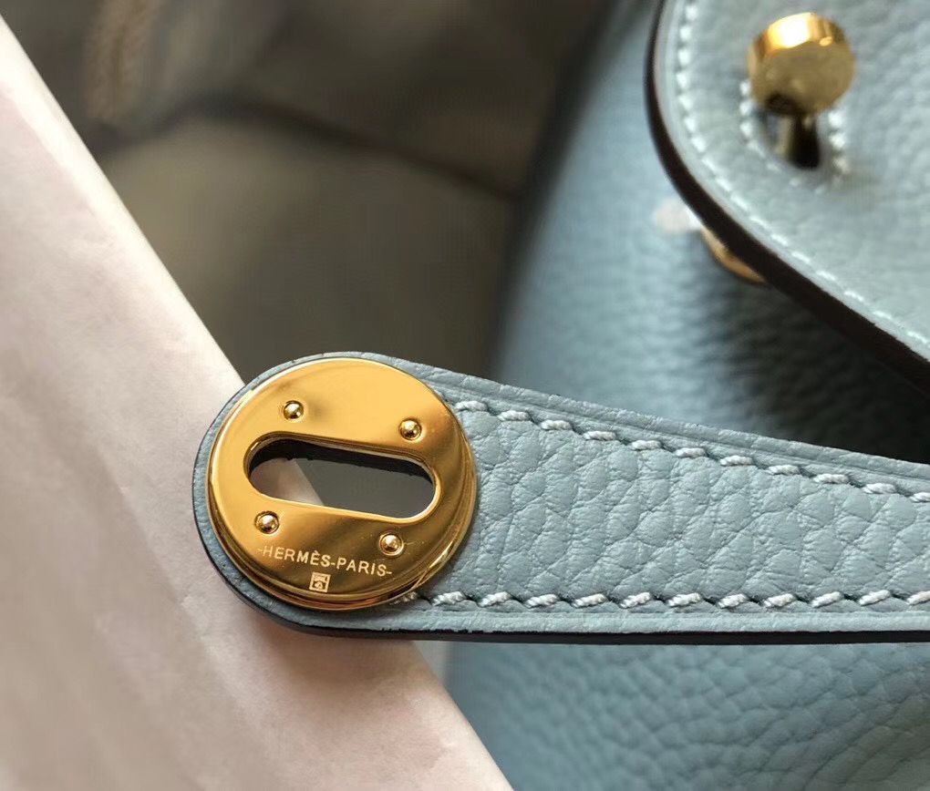 HM Mini Lindy 20cm Blue Lin Clemence Leather