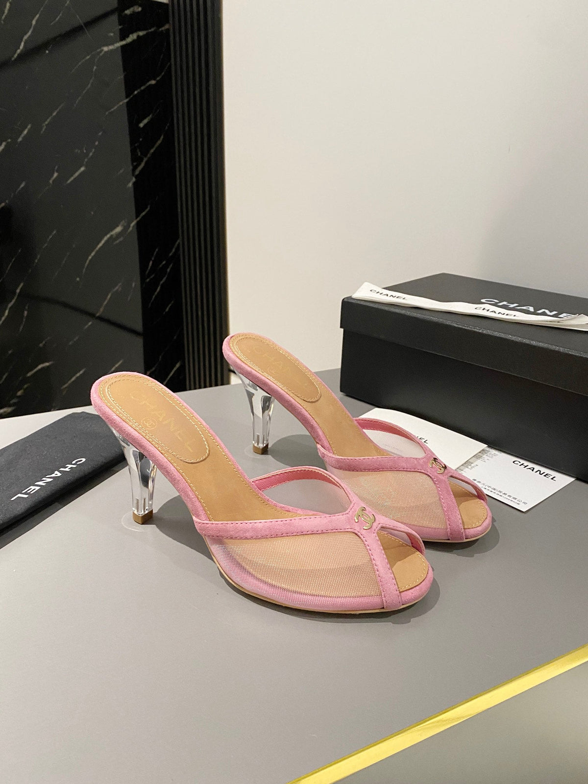 CC 2026 High Heeled Slippers 70 Mesh Suede