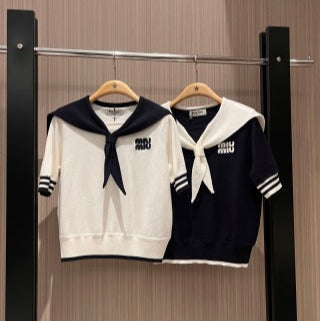 Miu Miu Collar Knotted Short-sleeved Knitted Top Wool tencel