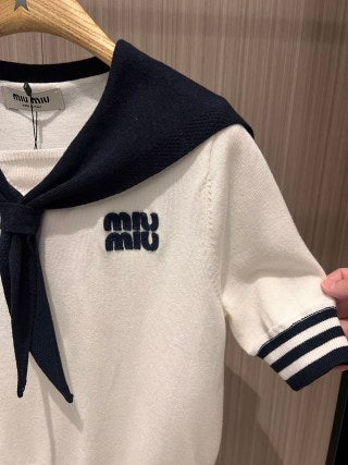 Miu Miu Collar Knotted Short-sleeved Knitted Top Wool tencel