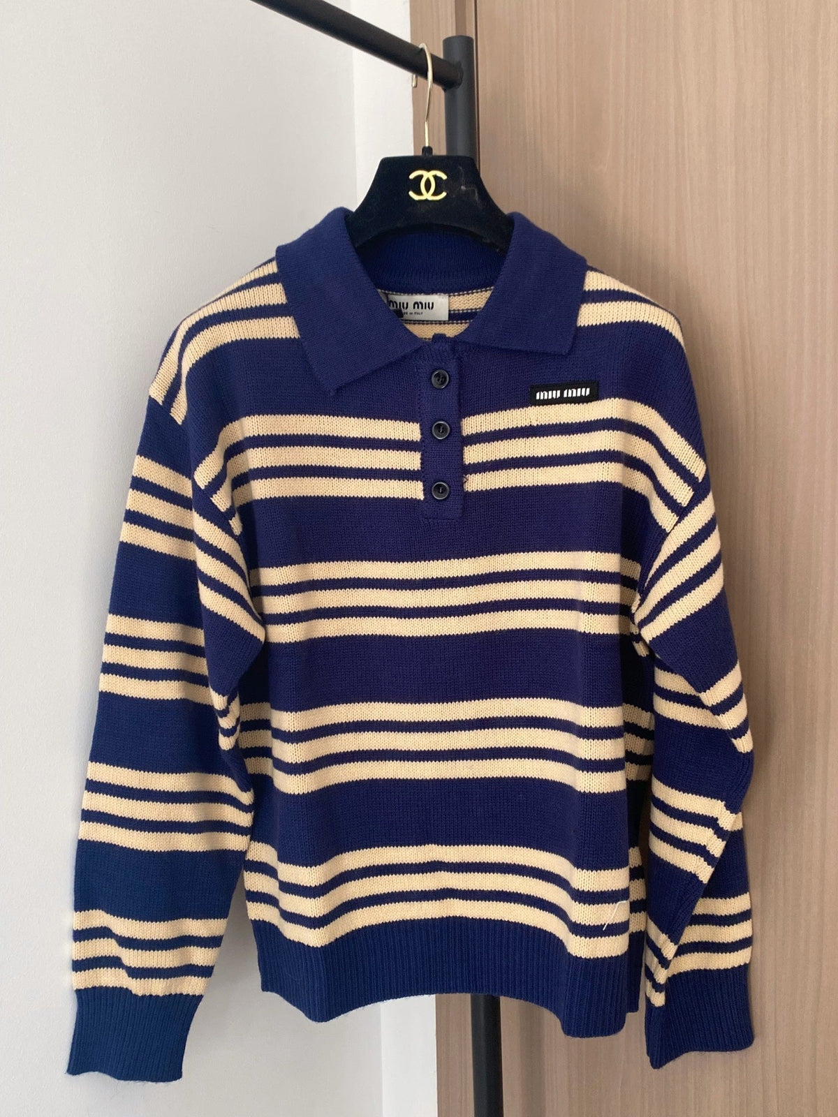 Miumiu 2025 Striped Knit Polo Shirt Blue and Brown Wool