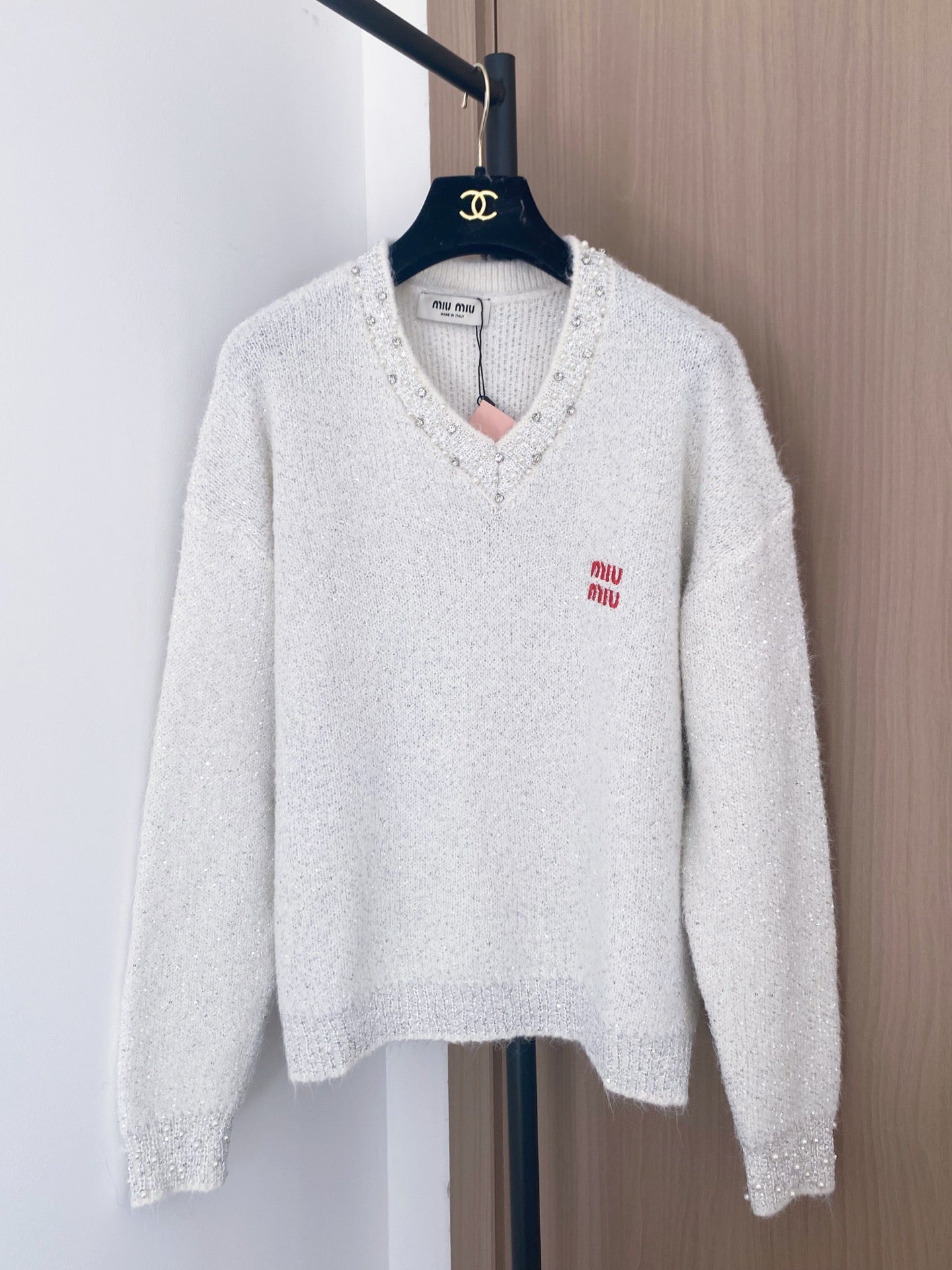 Miumiu 2025 Long-Sleeve Shirt with Logo Embellishment Wool