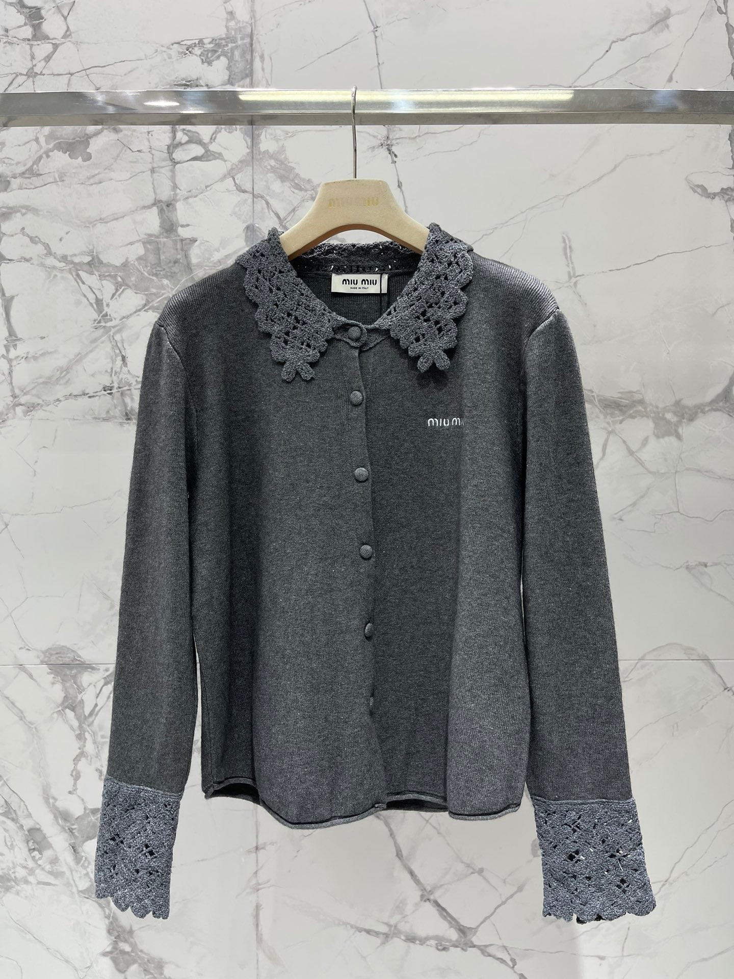 Miumiu 2025 Hollow-Out Crochet Collar Age-Defying Knit Cardigan Wool
