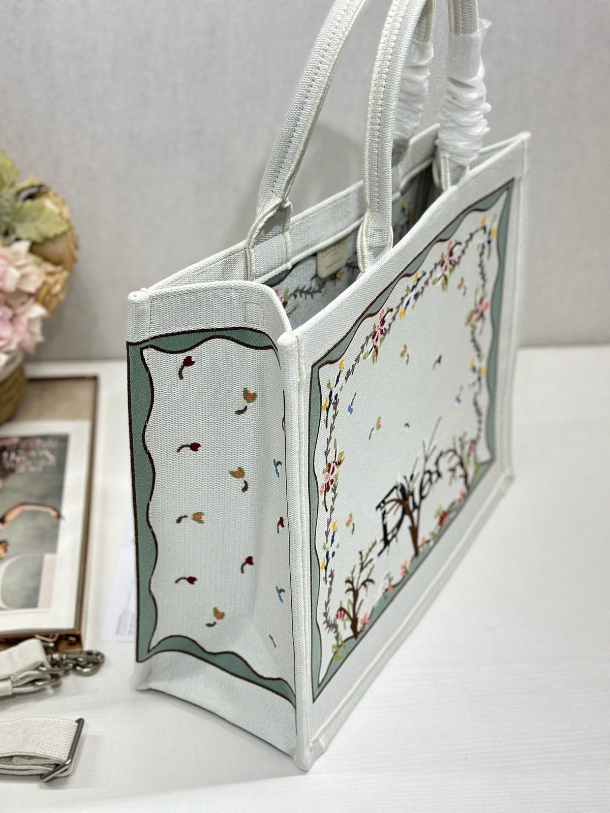 Dior 2026 Book Tote Bag With Multicolored White Revolution Flowers Embroidery Canvas