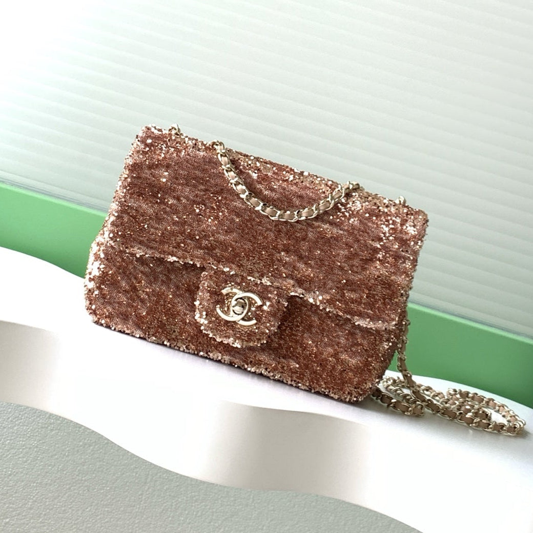 Chanel 2026 Sequin Mini Rectangular Flap Bag 21cm Fabric Leather