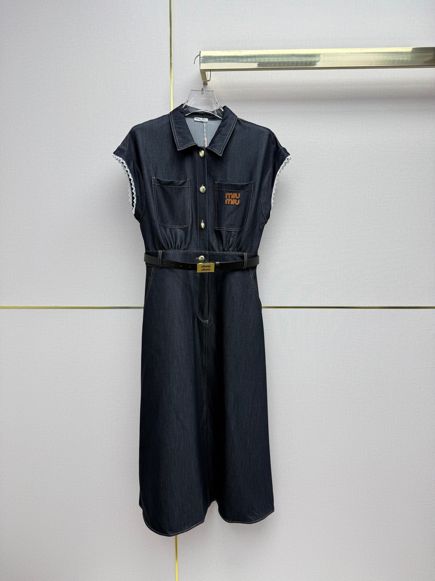 Miumiu 2026 Denim Short-Sleeve Collared Dress Cotton 225006