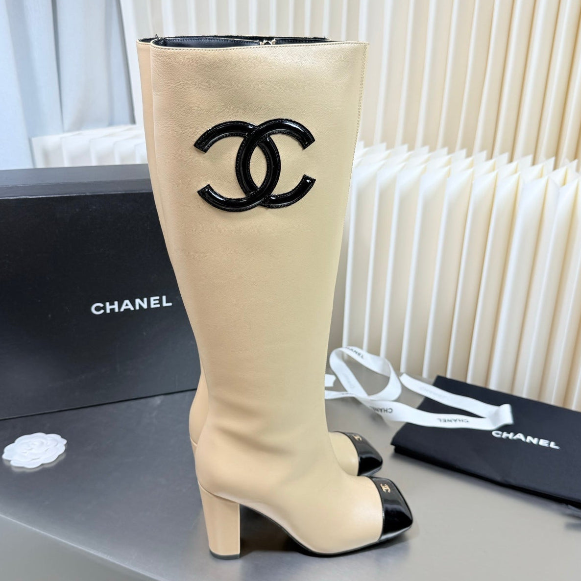 Chanel 2026 Square-Toe Knee-High Boots Suede Leather 123376