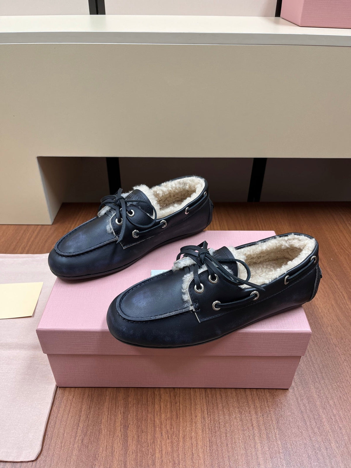 Miu Miu 2026 Boat Loafers Leather Suede Wool 157103