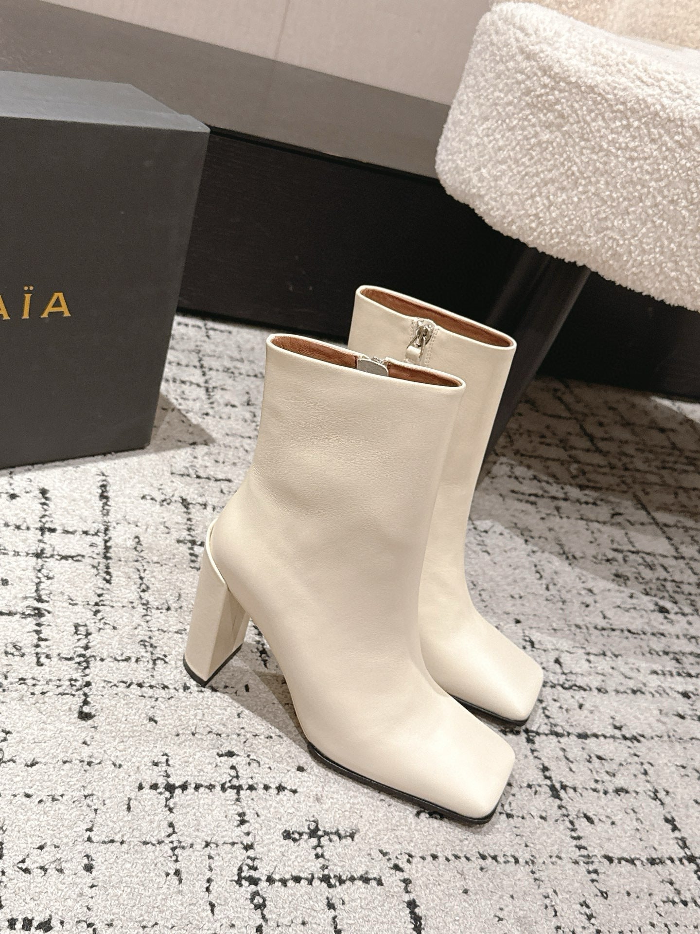 Alaia 2025 Square Toe High Heeled Ankle Boot Cream Calfskin 558664