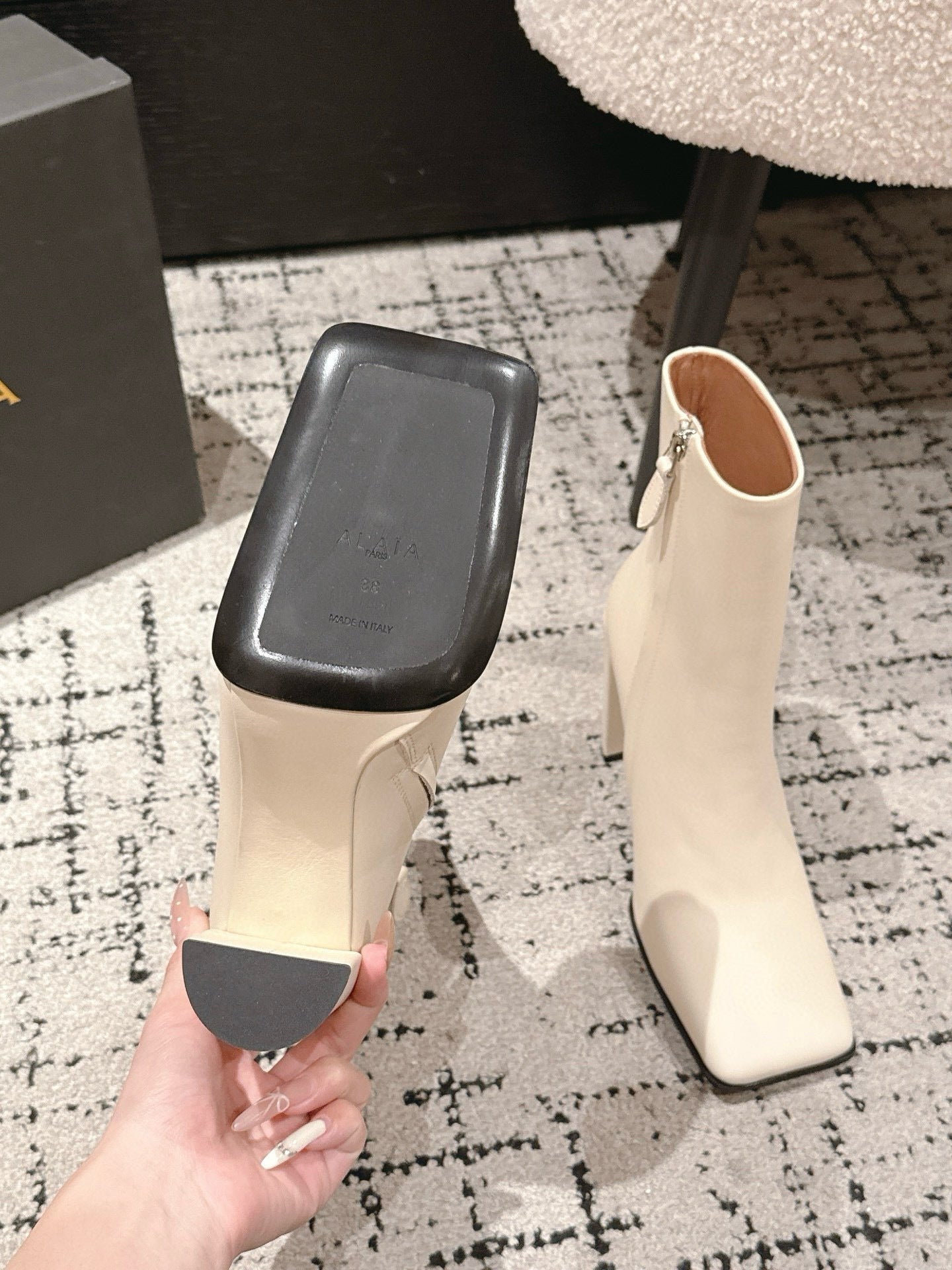 Alaia 2025 Square Toe High Heeled Ankle Boot Cream Calfskin 558664