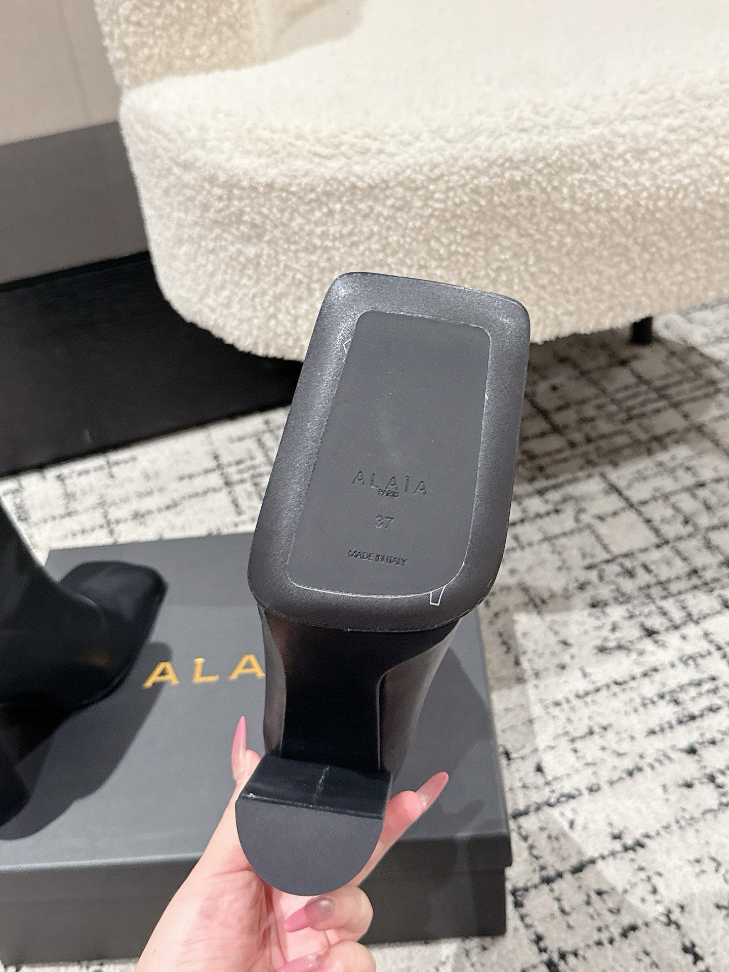 Alaia 2025 Square Toe High Heeled Ankle Boot Black Calfskin 558666