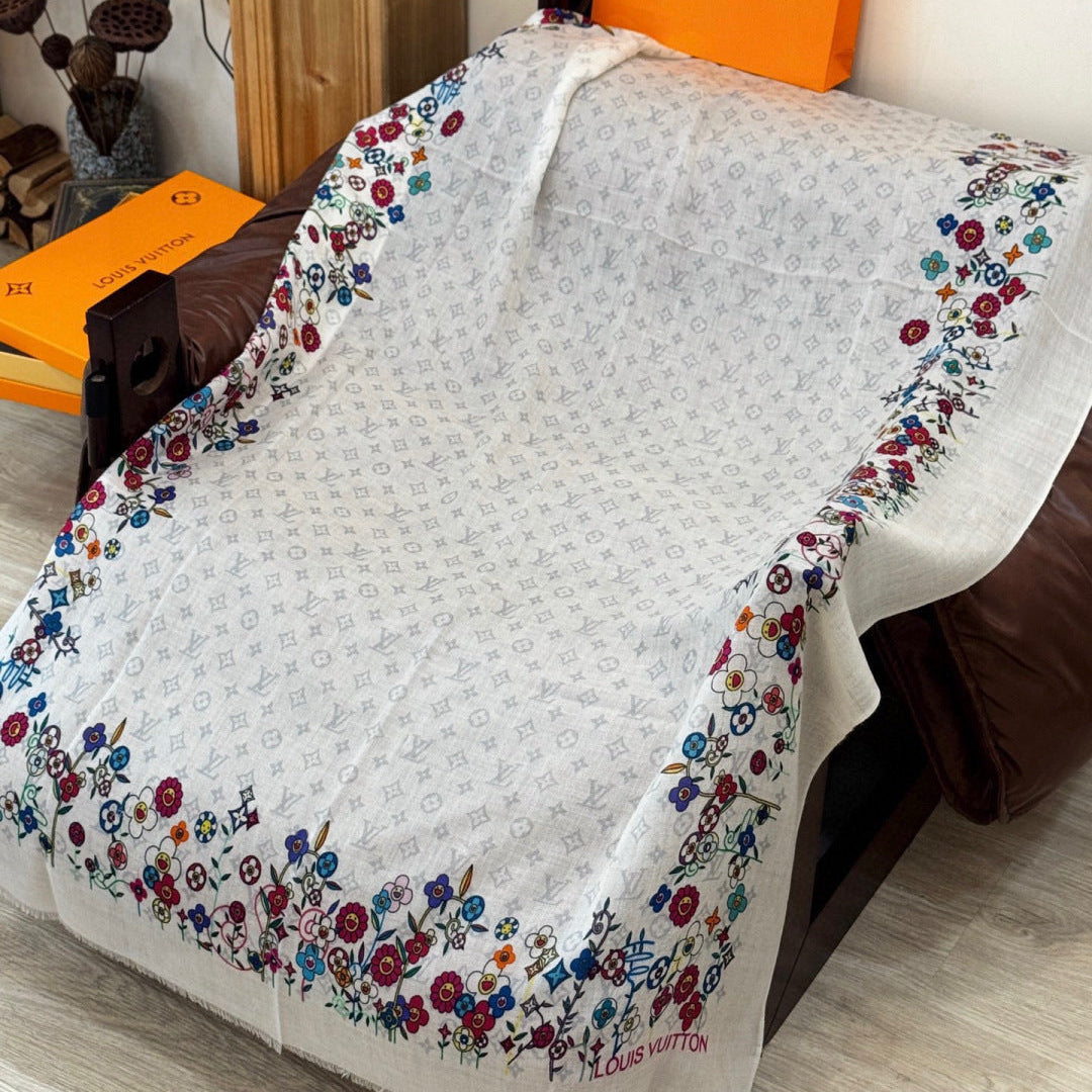 LV x TM Monogram Superflat Flowers 140cm White Multicolor Silk Wool 969172