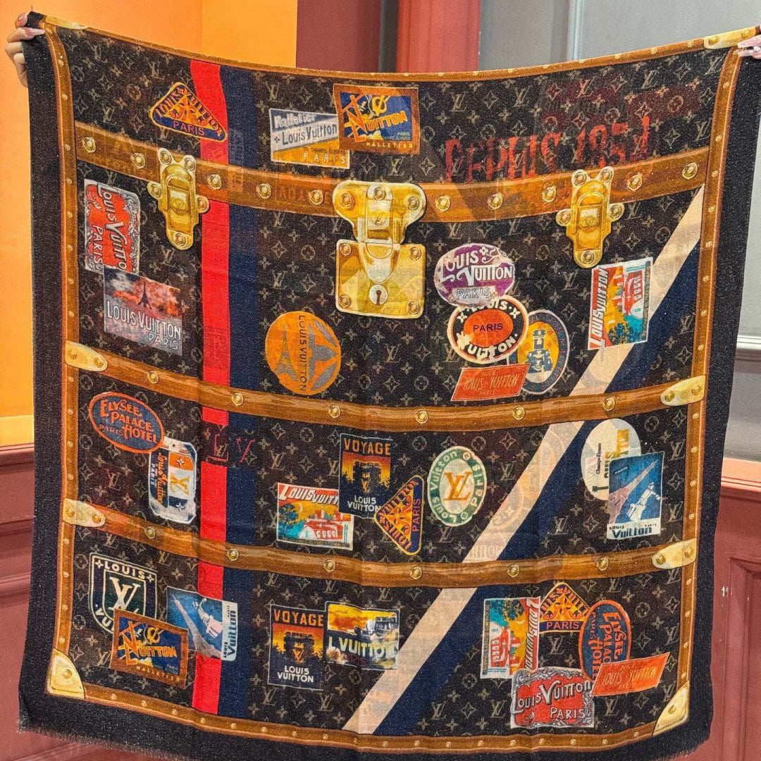 LV Silver Thread Long Scarf 200cm Black Brown Cashmere 969180