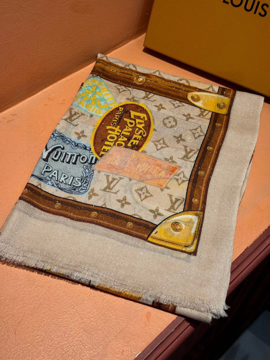 LV Silver Thread Long Scarf 200cm Beige Brown Cashmere 969181