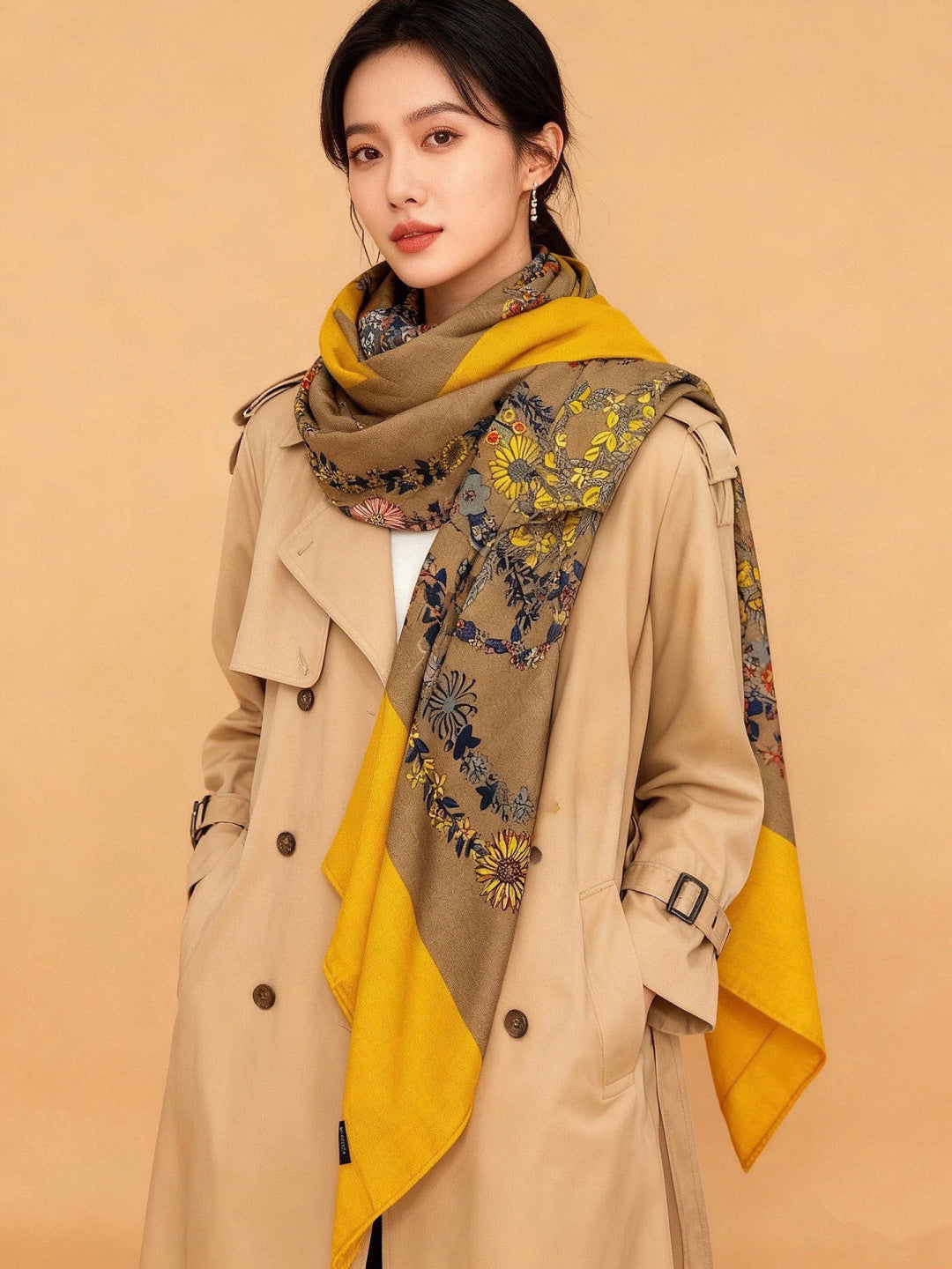 HM 25s Velvet Square Scarf 140cm Yellow Brown Cashmere 976217