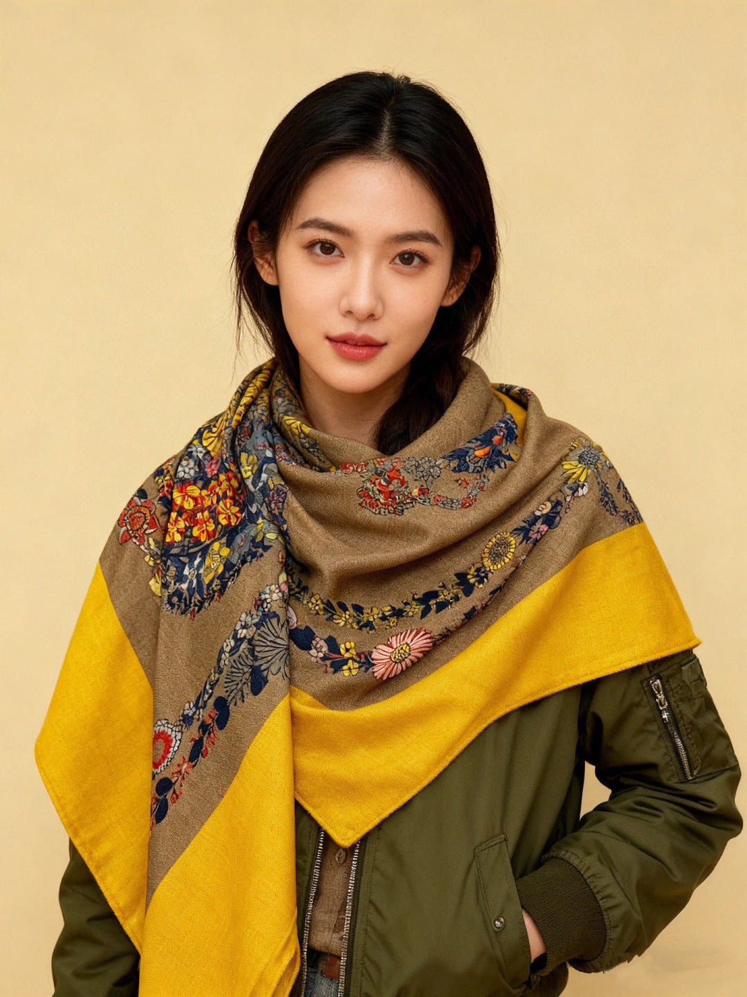 HM 25s Velvet Square Scarf 140cm Yellow Brown Cashmere 976217