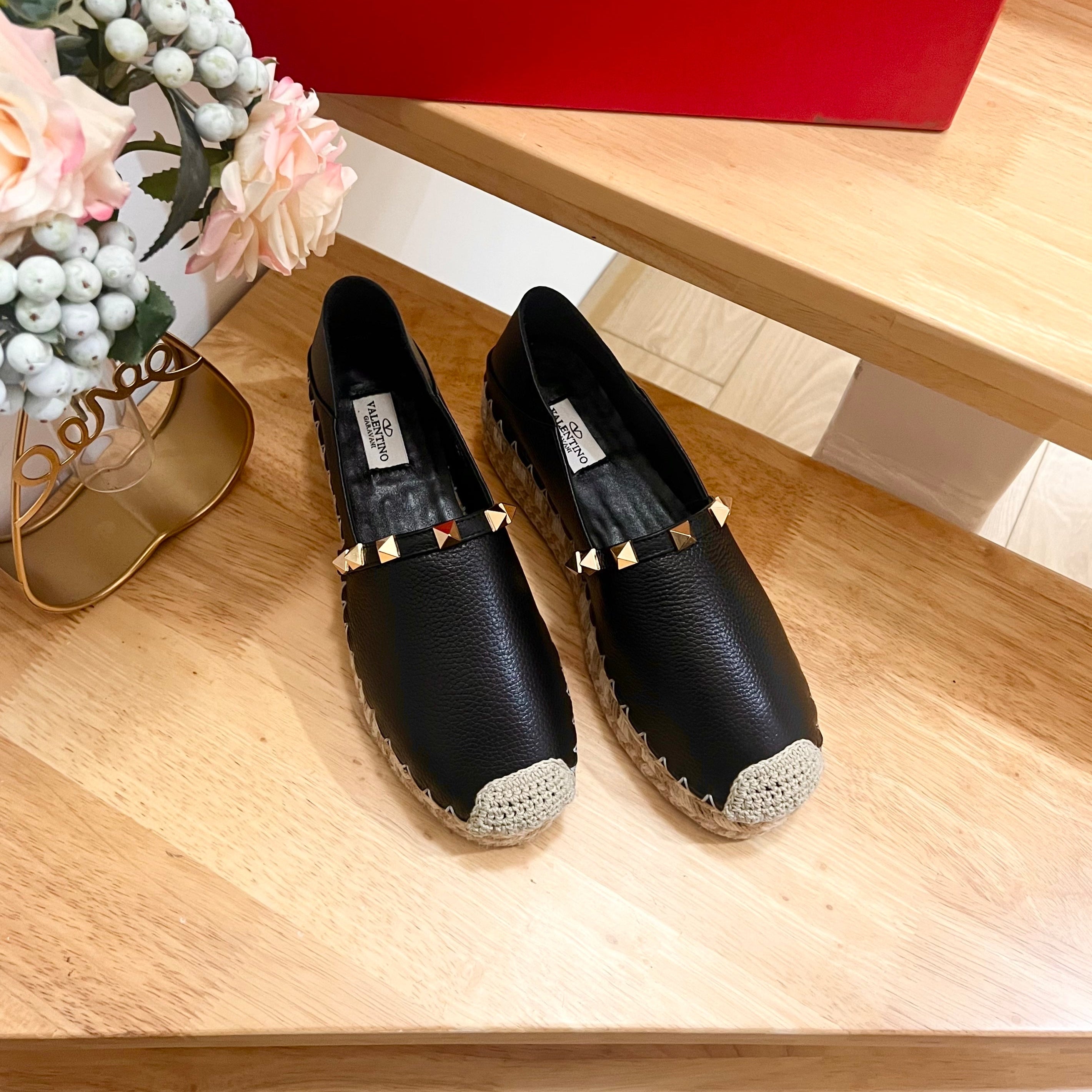 Valentino Rockstud Embellished Slip On Espadrille Black Cowhide 240572