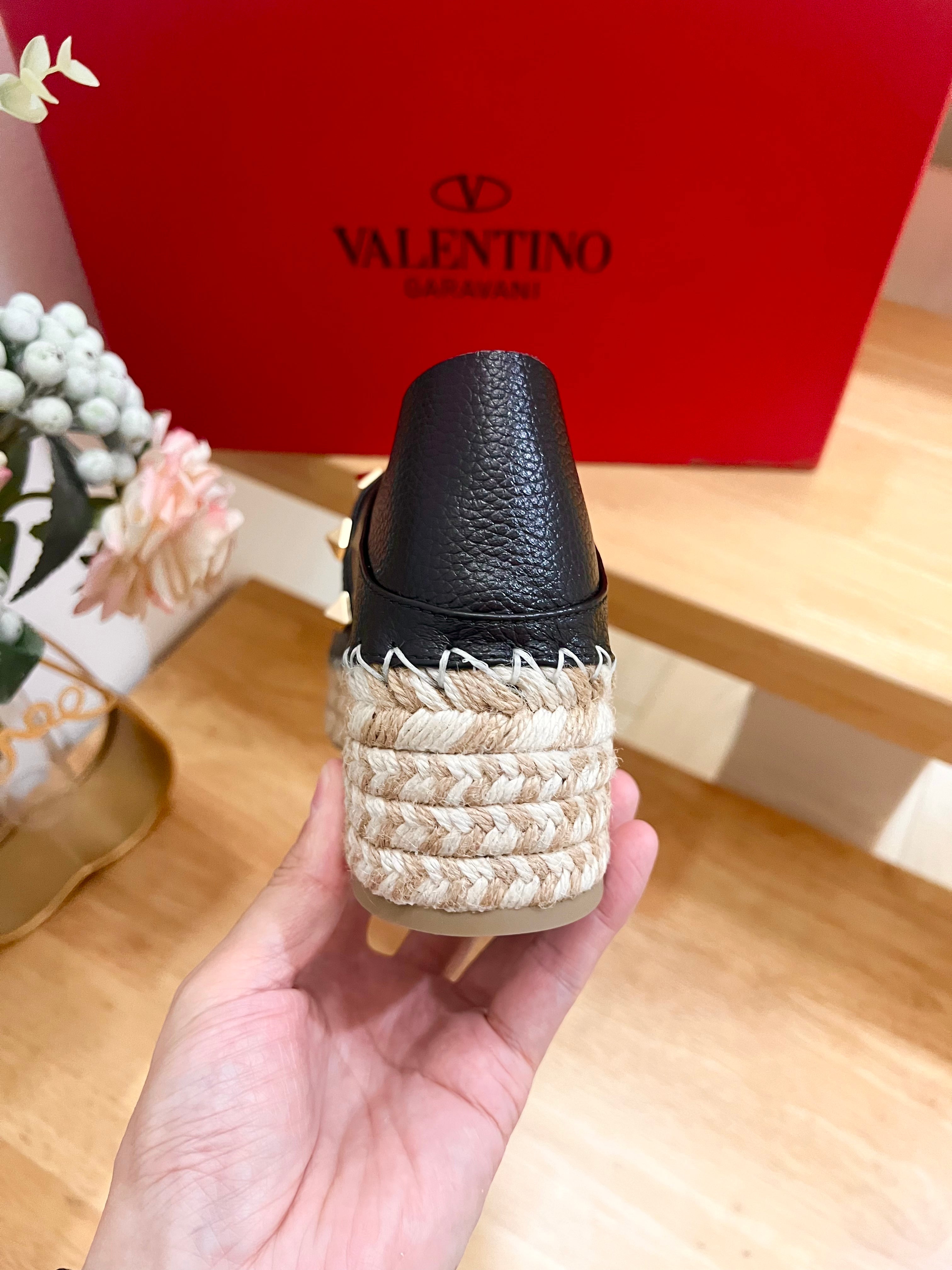 Valentino Rockstud Embellished Slip On Espadrille Black Cowhide 240572