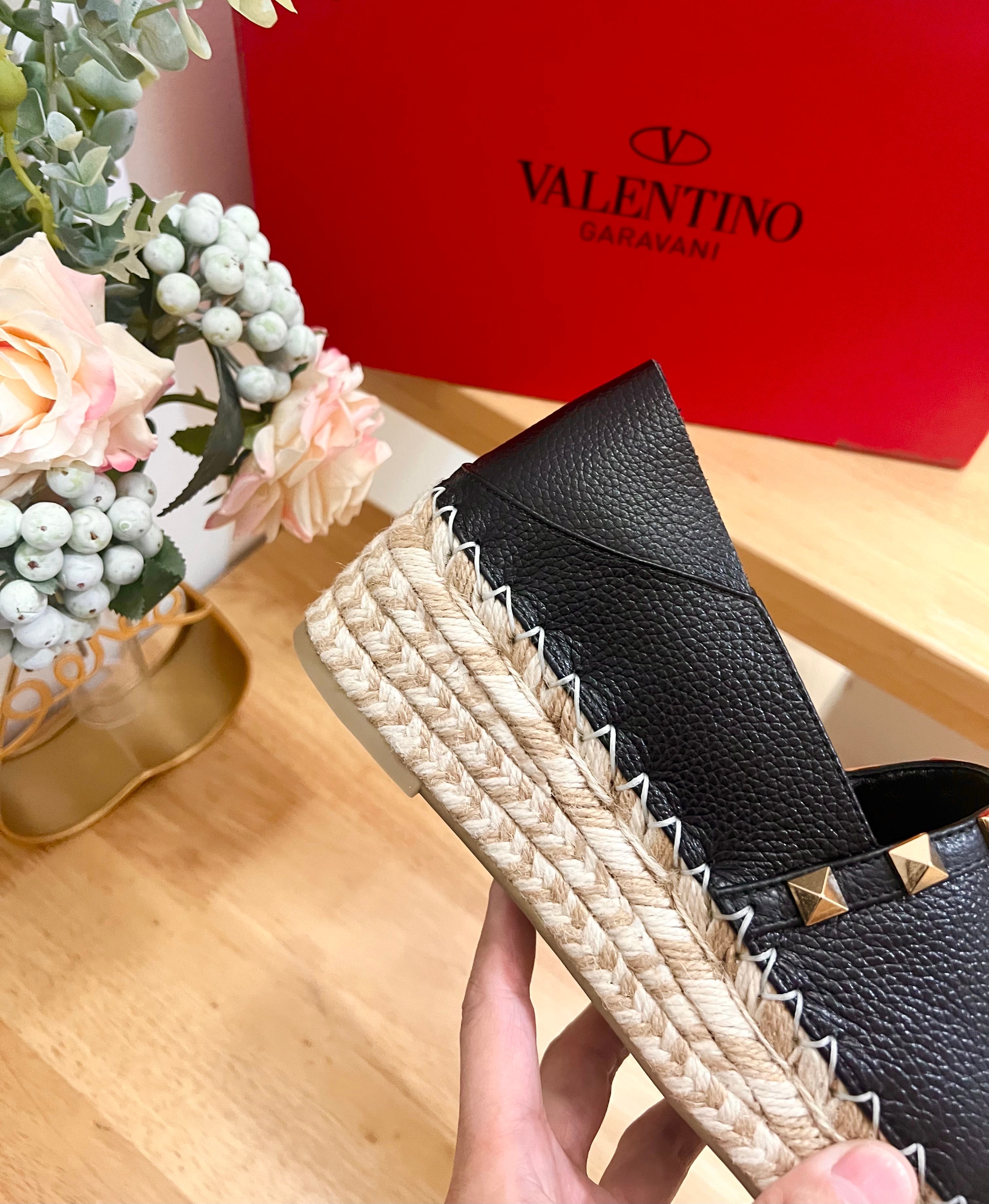 Valentino Rockstud Embellished Slip On Espadrille Black Cowhide 240572