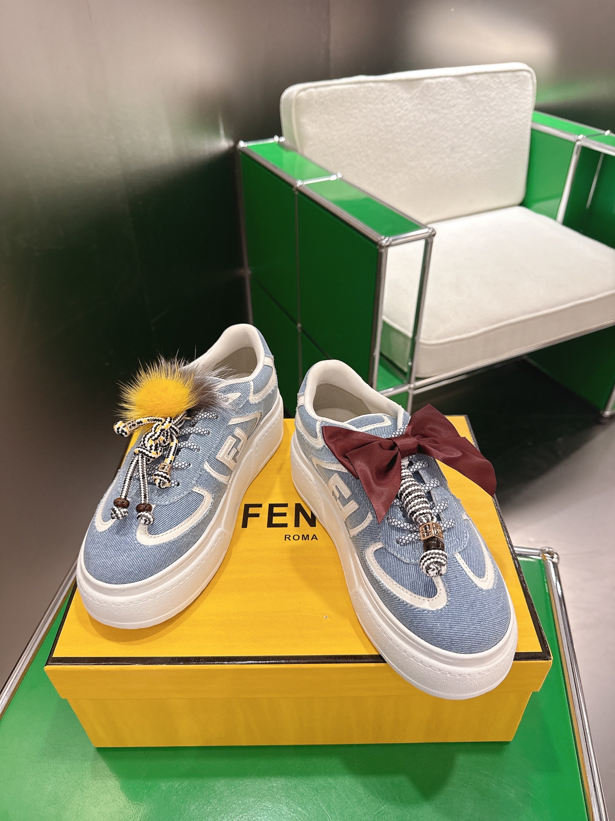 Fendi 2025 Match Platform Sneakers Blue White Denim Fabric 562577