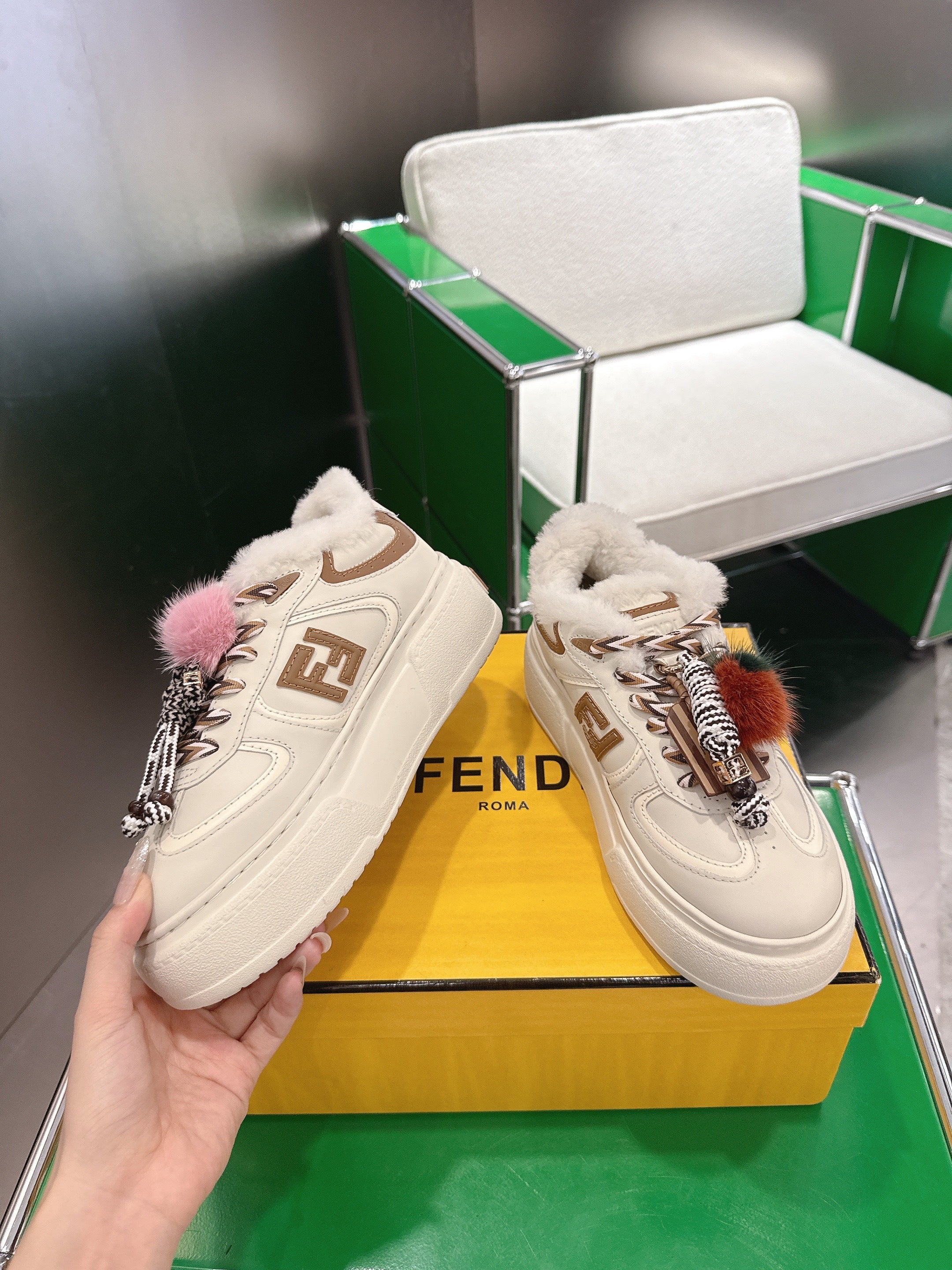 Fendi 2025 Match Platform Sneakers White mix Brown Leather Wool 562579