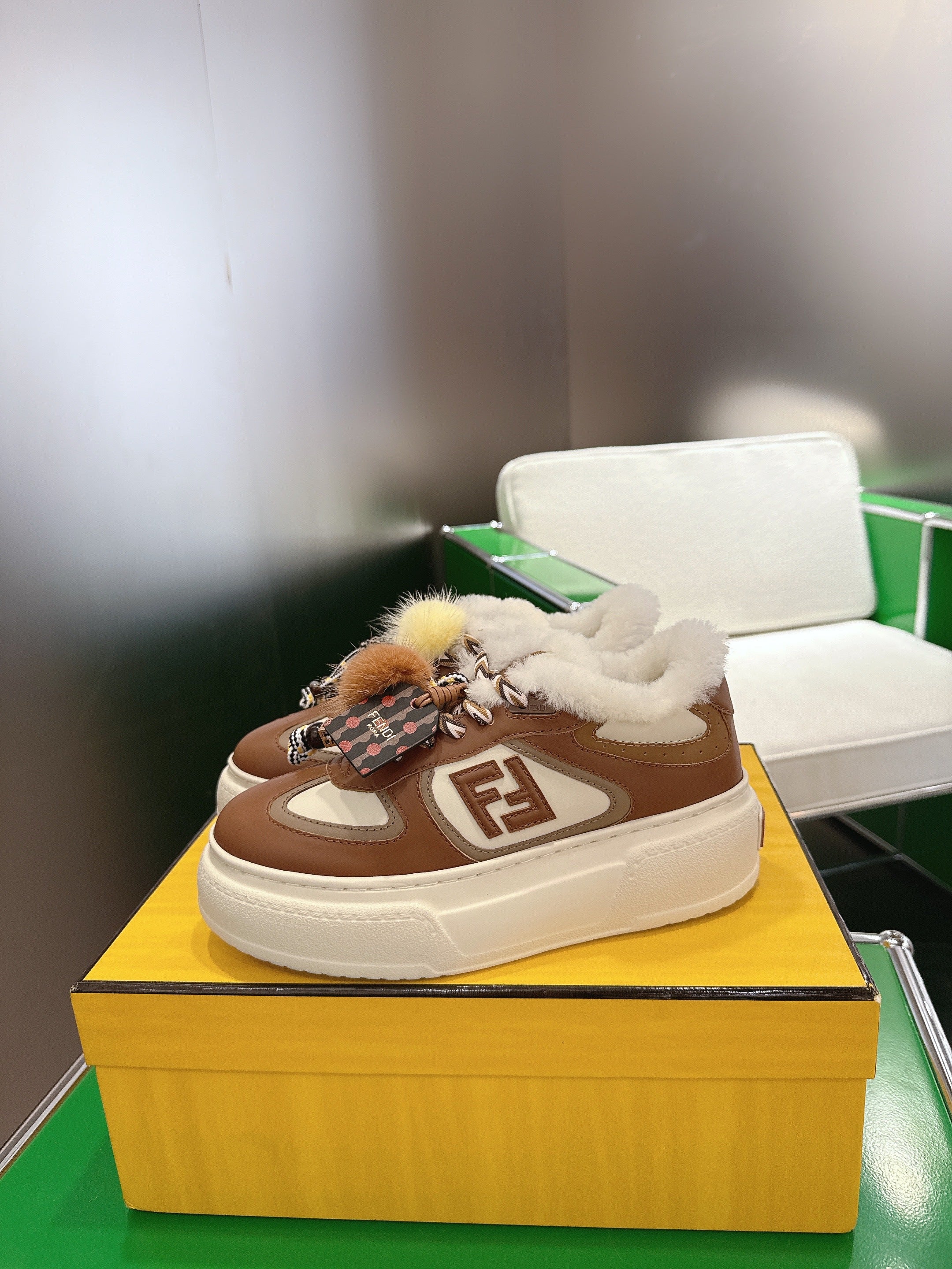 Fendi 2025 Match Platform Sneakers Brown Leather Wool 562580