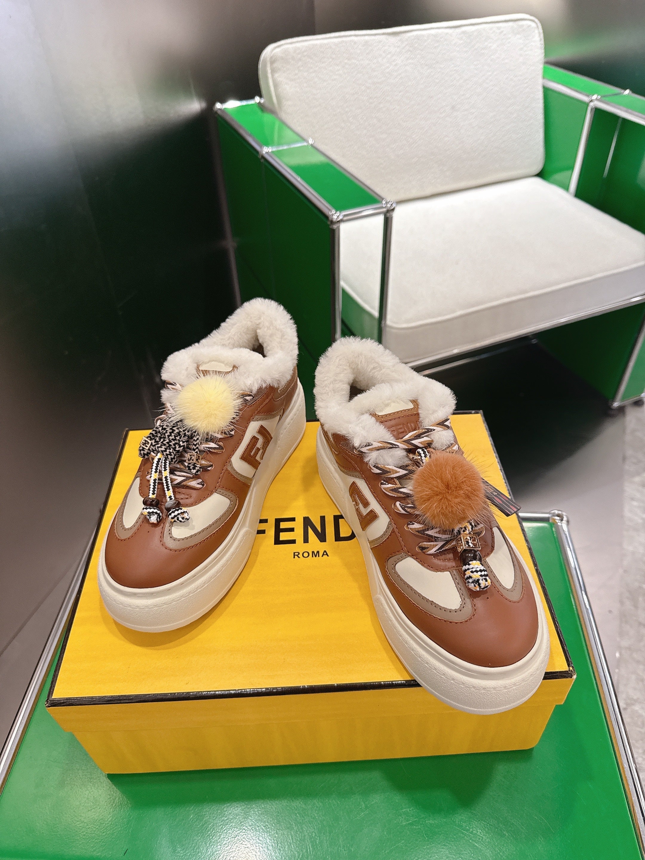 Fendi 2025 Match Platform Sneakers Brown Leather Wool 562580