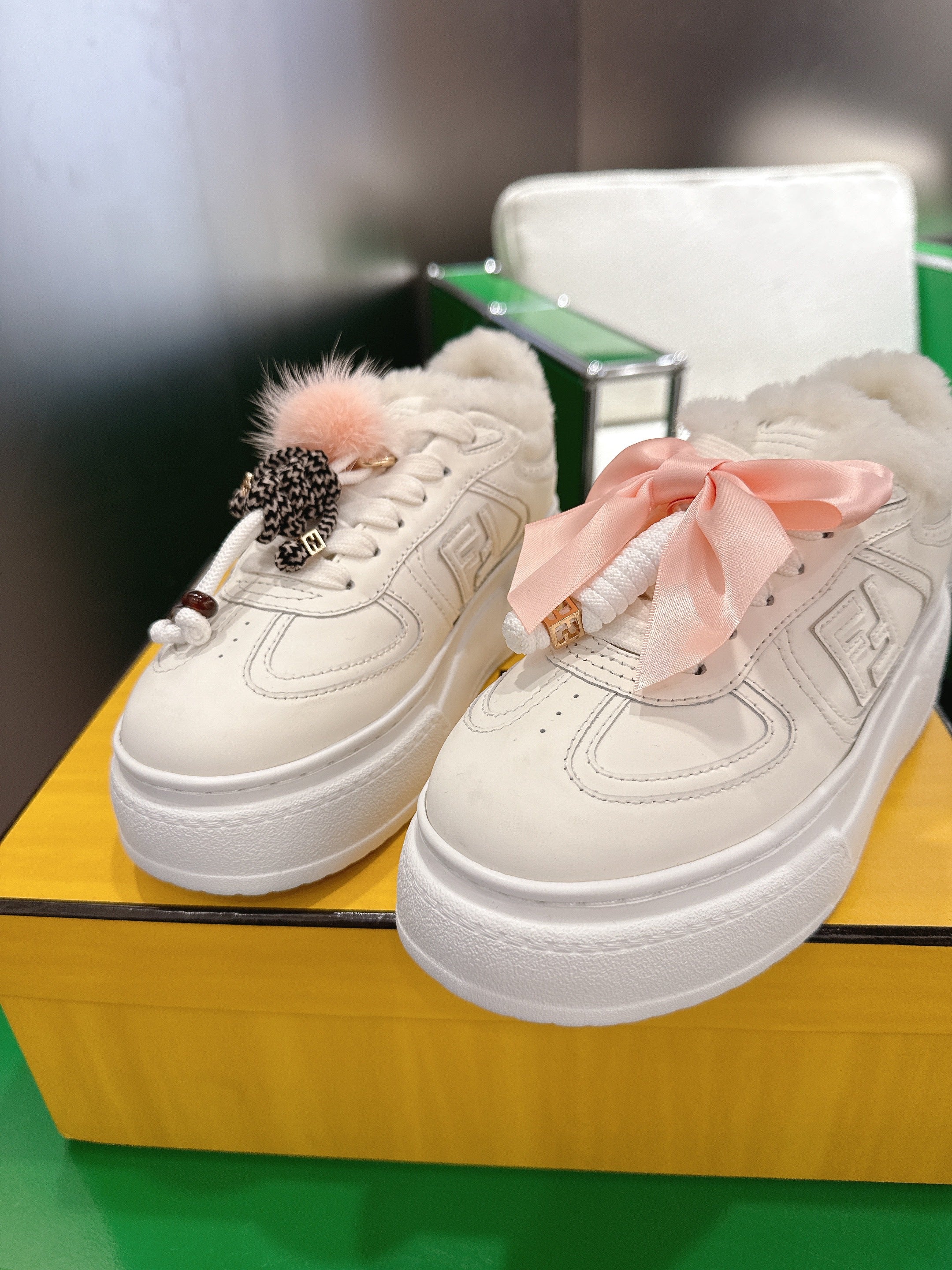 Fendi 2025 Match Platform Sneakers White Leather Wool 562581