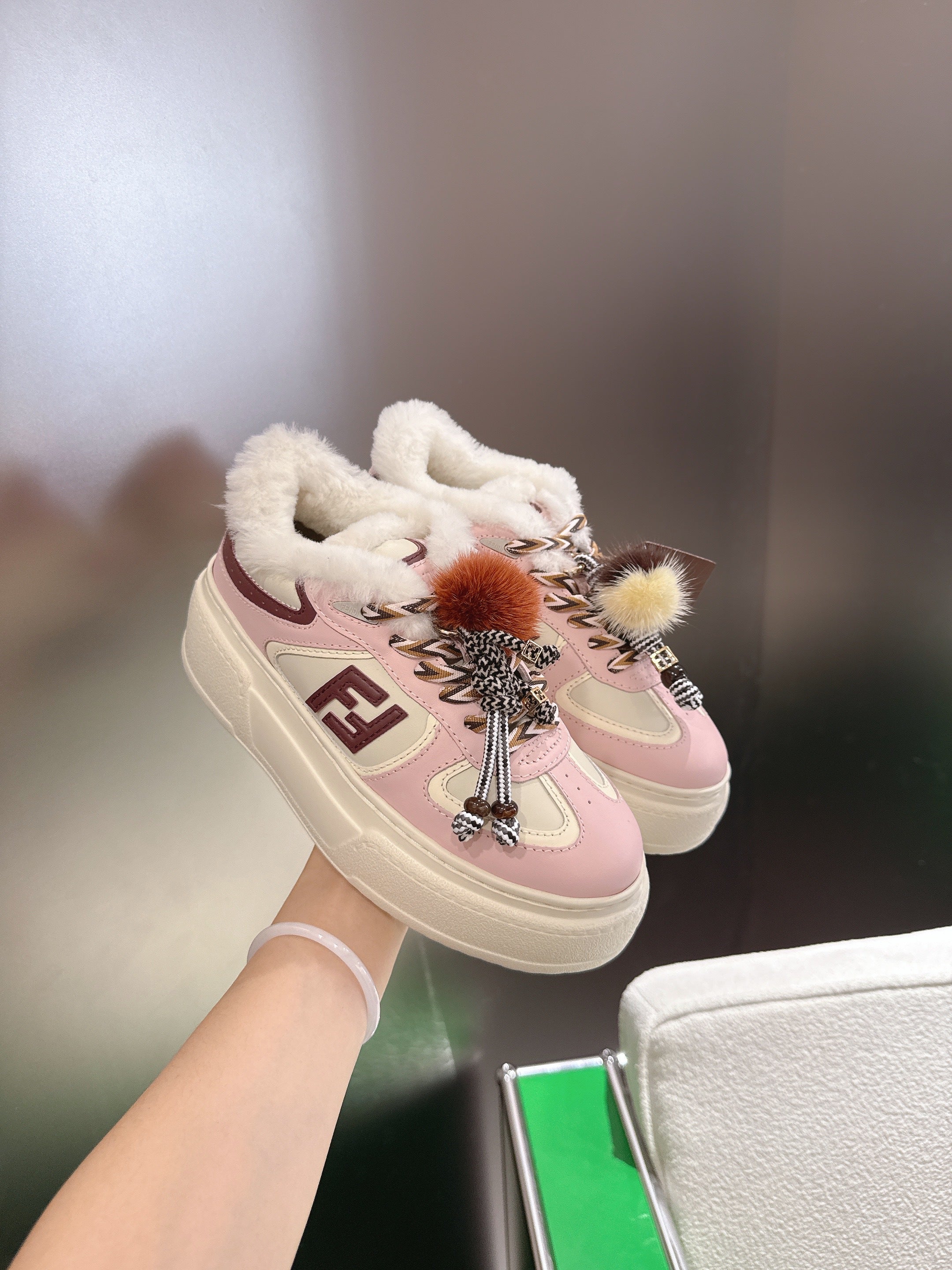 Fendi 2025 Match Platform Sneakers Pink White Leather Wool 562582