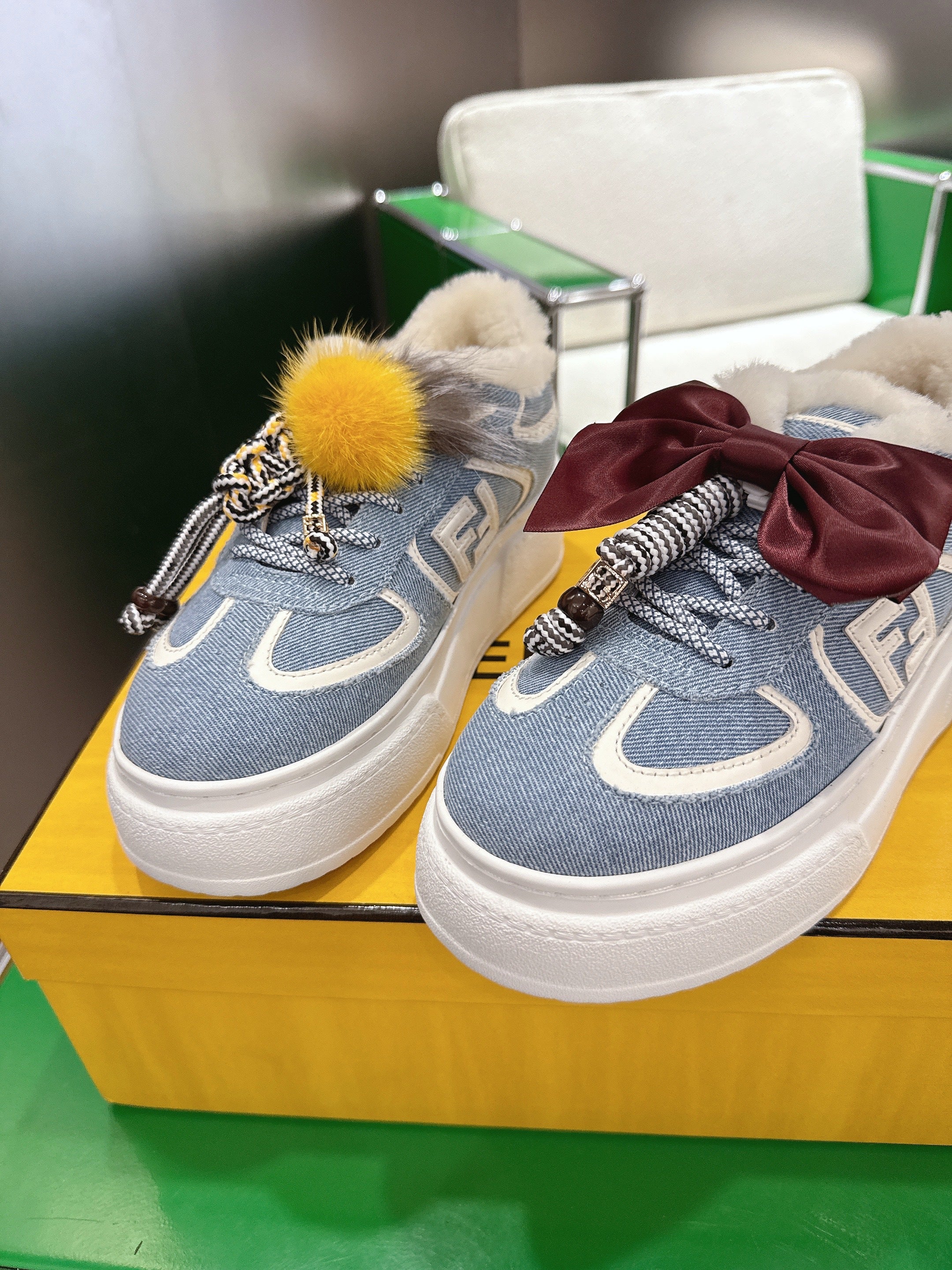 Fendi 2025 Match Platform Sneakers Blue White Denim Fabric Wool 562583