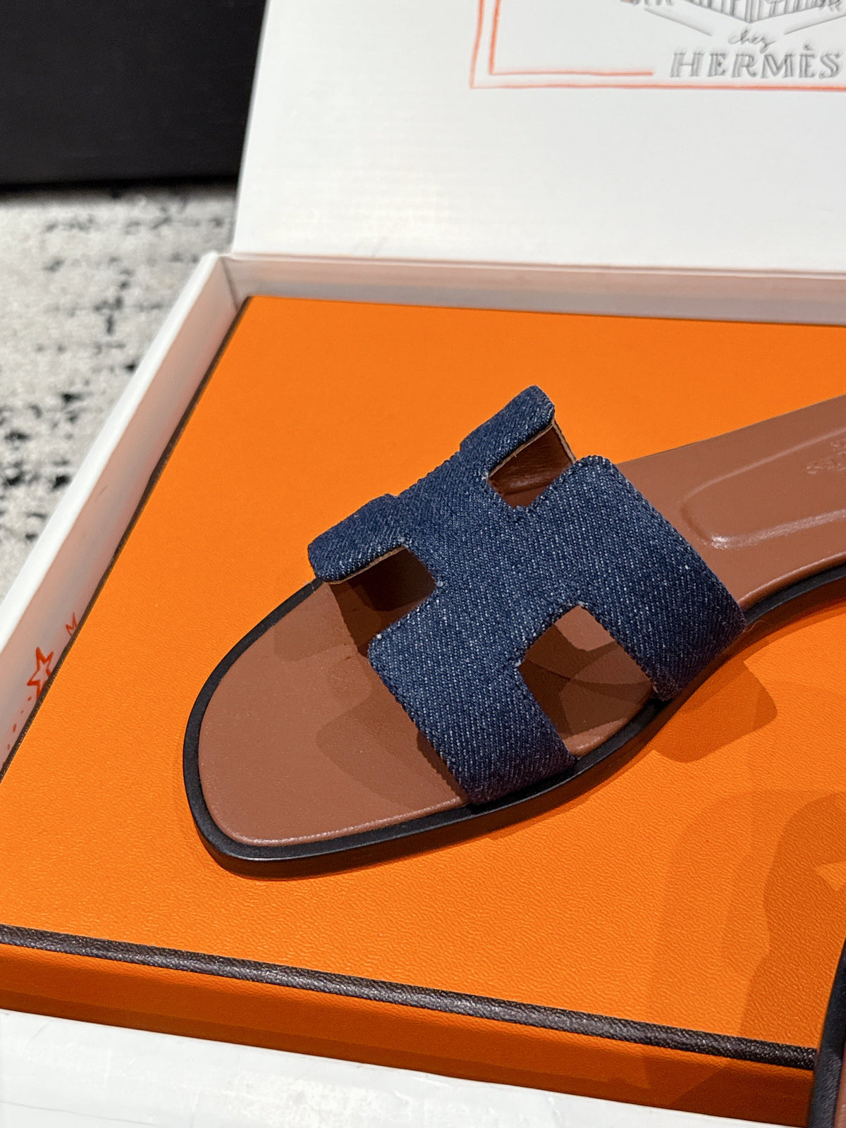 HM 25 Oran Sandal Brown Calfskin Dark Blue Denim