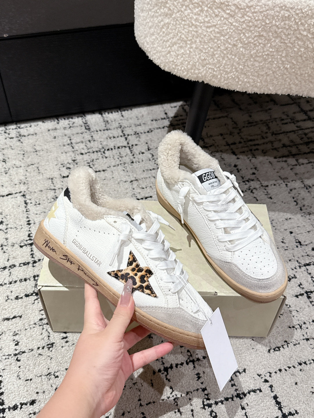 Golden Goose 2025 Star Sneaker White Black mix Leopard Wool Cowhide 500588