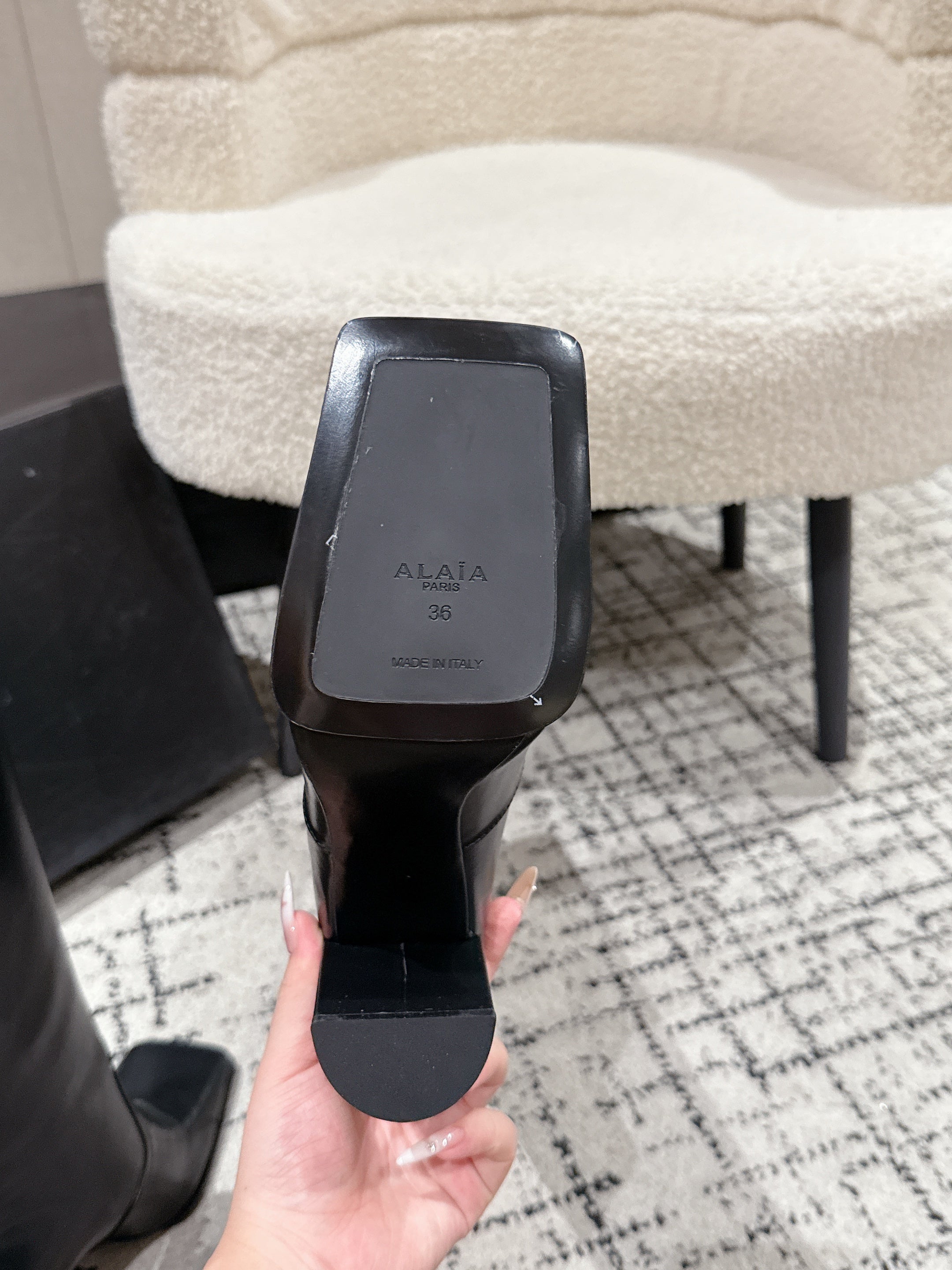 Alaia 2025 Square Toe High Heeled Boot Black Calfskin 558669