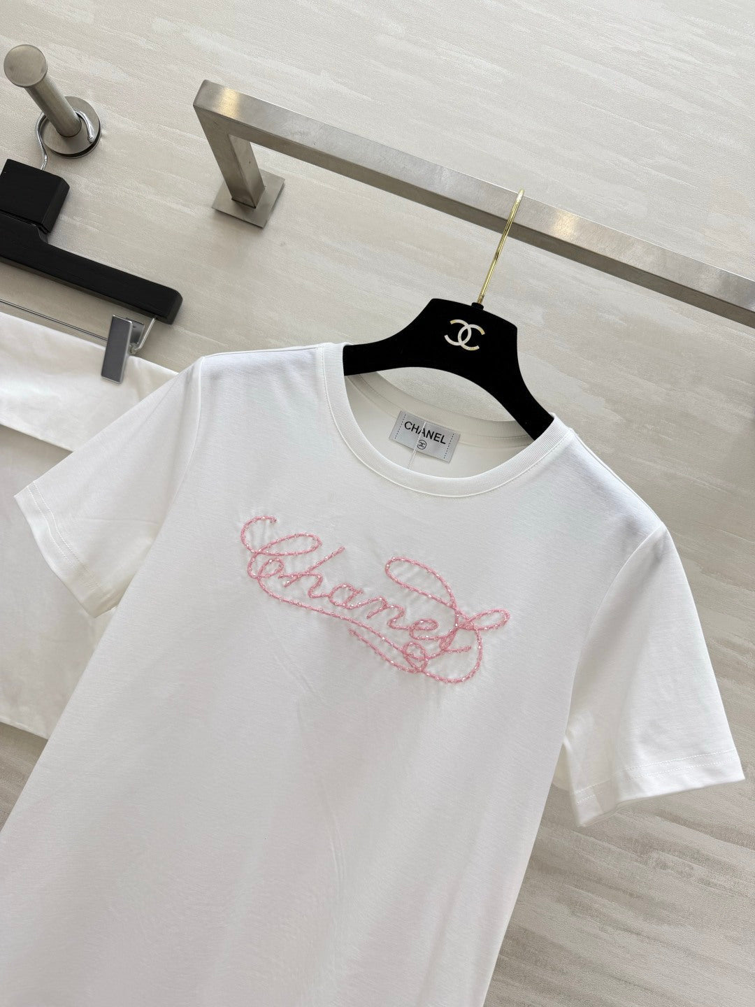 Chanel 2026 Pink and White Embroidered Chanel-Style T-Shirt Cotton 377543