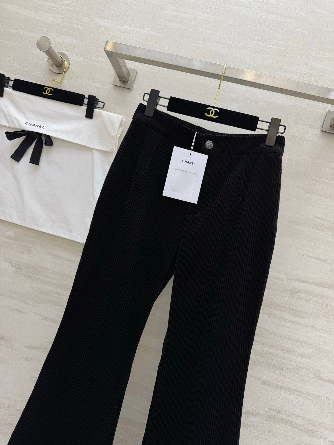 Chanel 2026 Corduroy Flared Pants Black Velvet Fabric 377401