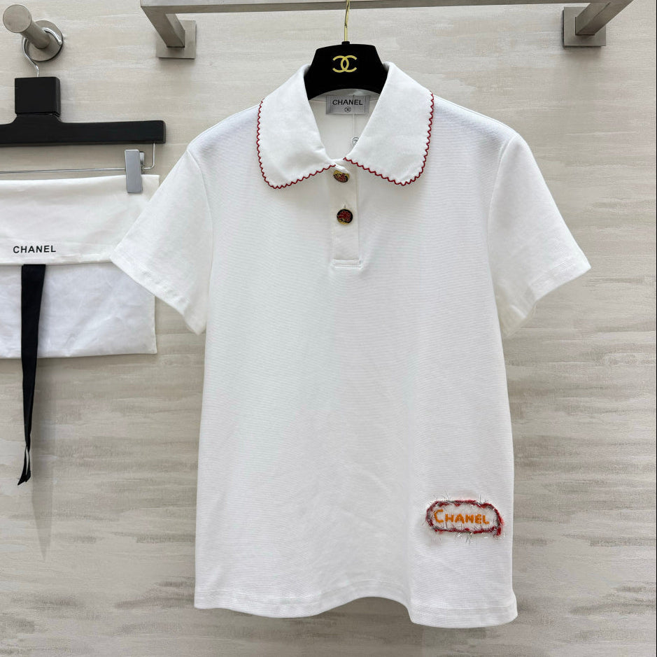 Chanel 2026 Red-Trimmed Peter Pan Collar Polo Short-Sleeve White Cotton 666394