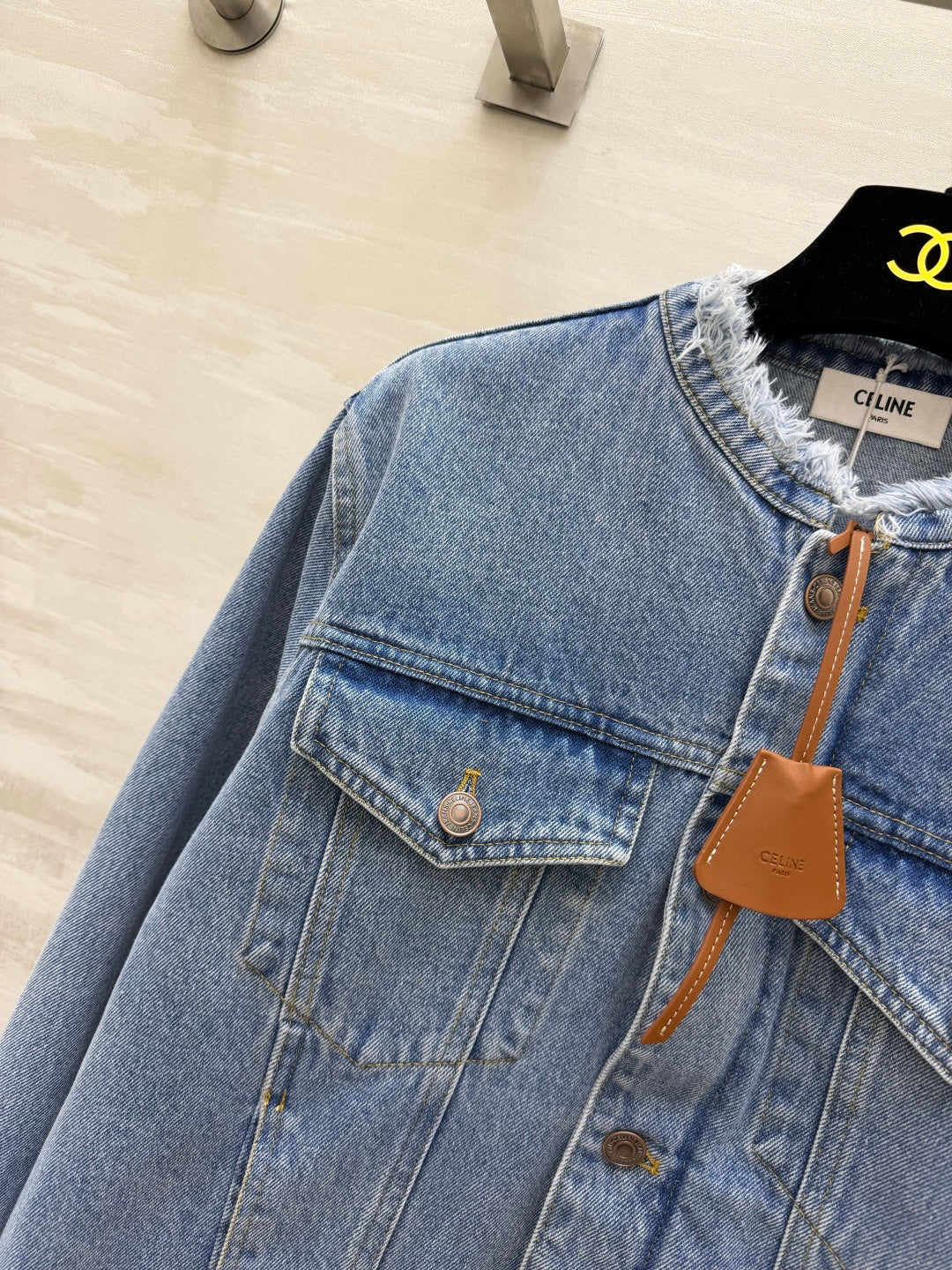 Celine 2026 Collarless Denim Jacket Blue And Black Cotton 431326