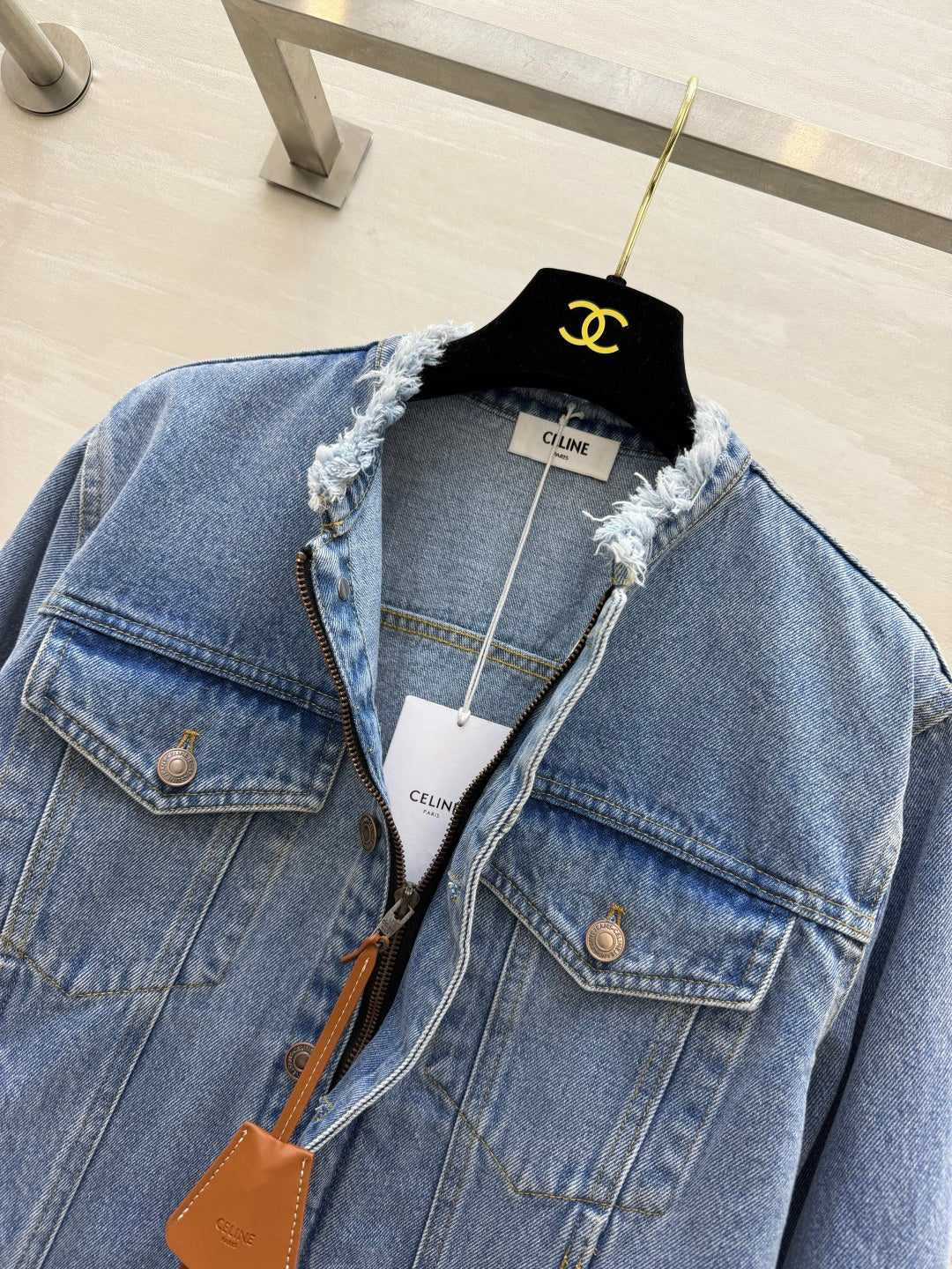 Celine 2026 Collarless Denim Jacket Blue And Black Cotton 431326